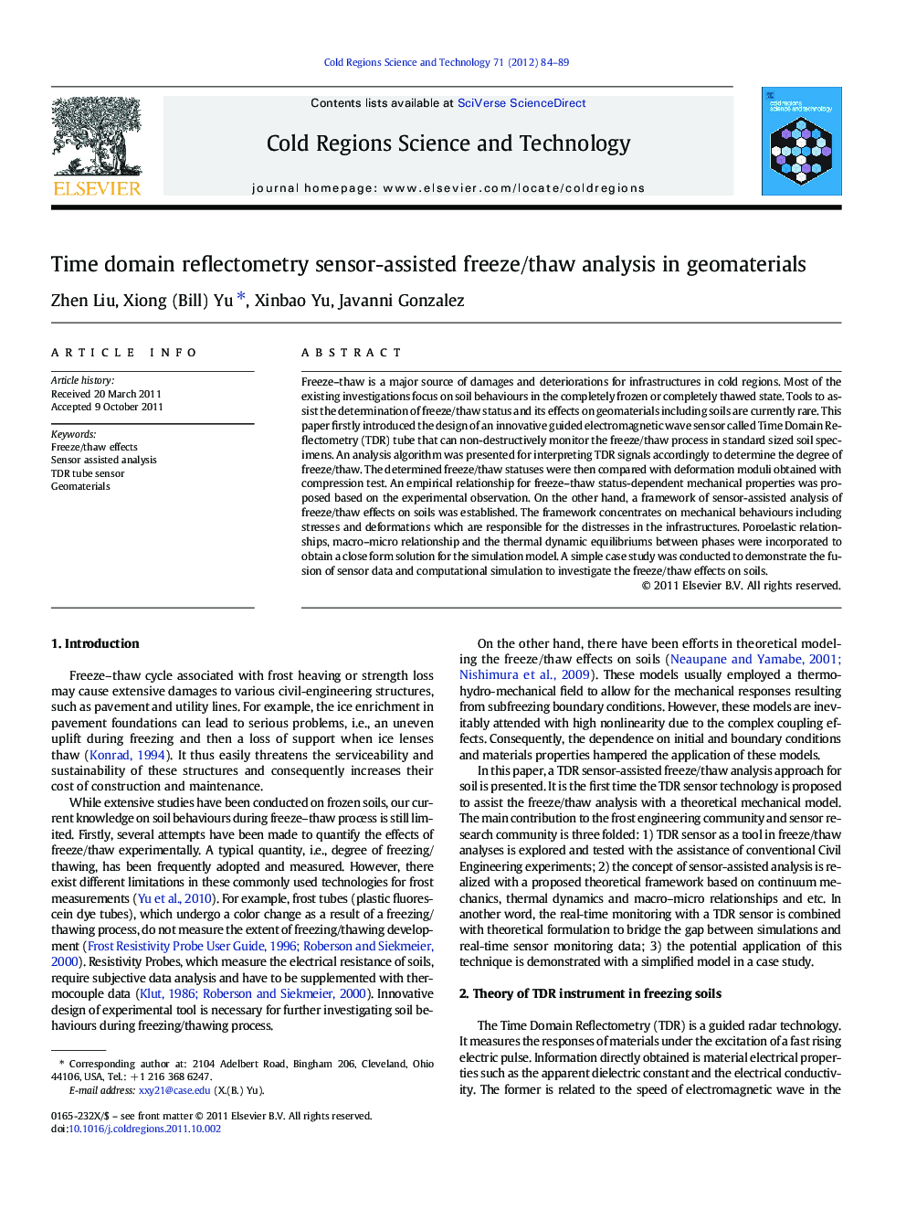 Time domain reflectometry sensor-assisted freeze/thaw analysis in geomaterials