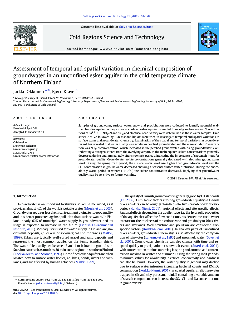 Assessment of temporal and spatial variation in chemical composition of groundwater in an unconfined esker aquifer in the cold temperate climate of Northern Finland