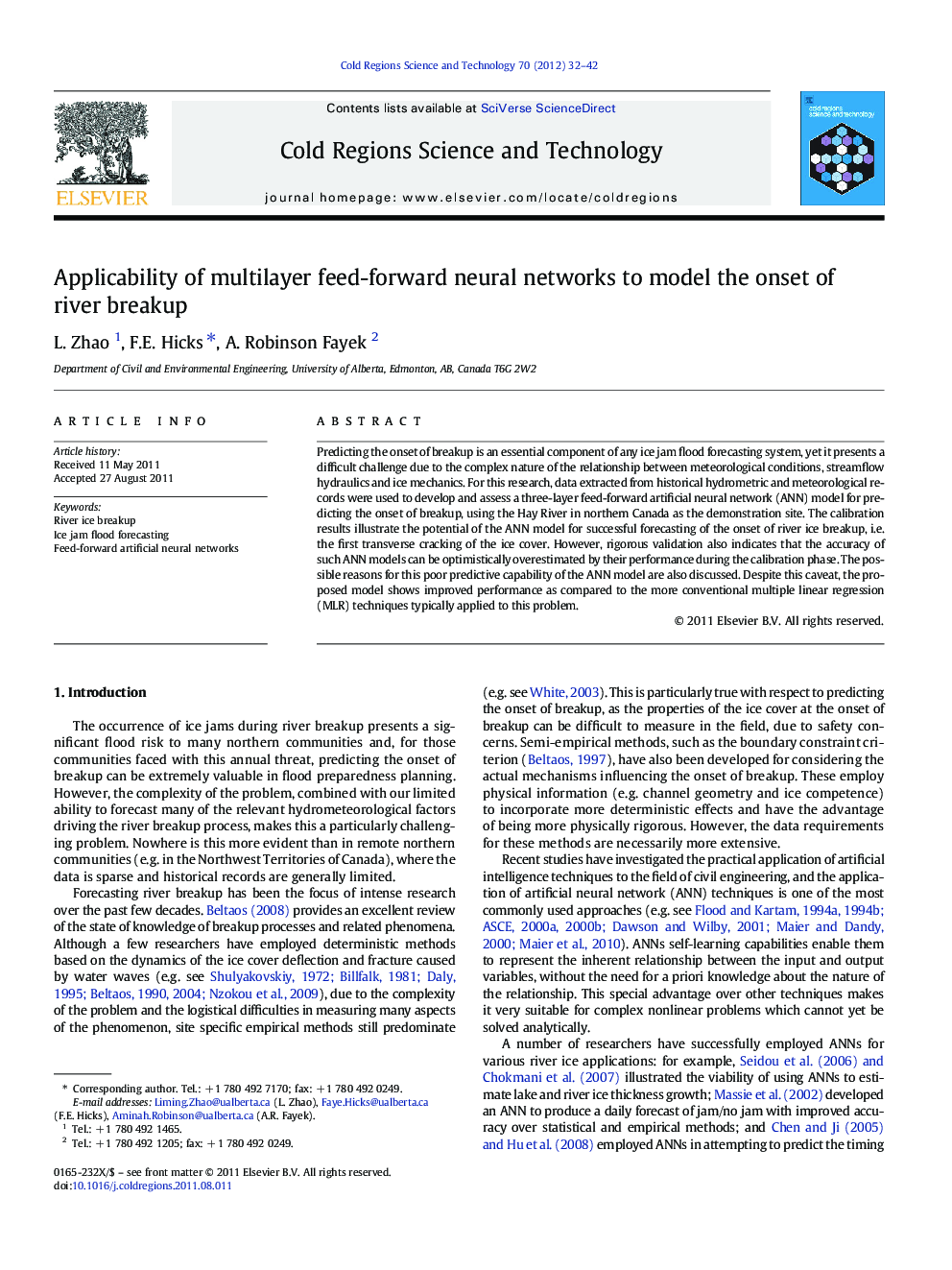 Applicability of multilayer feed-forward neural networks to model the onset of river breakup