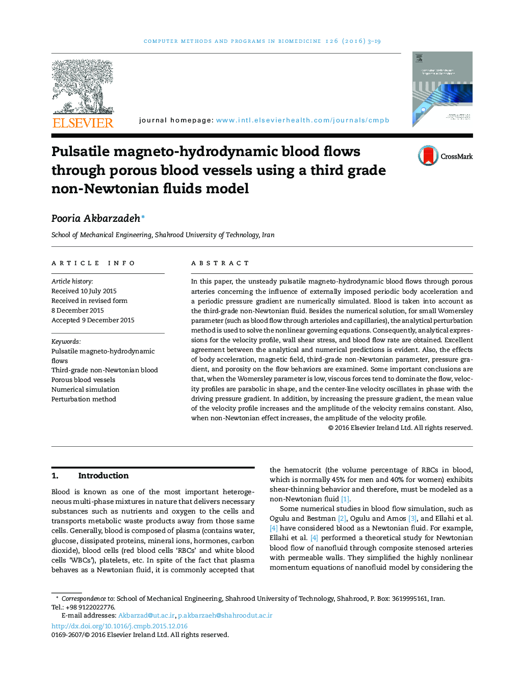 Pulsatile magneto-hydrodynamic blood flows through porous blood vessels using a third grade non-Newtonian fluids model