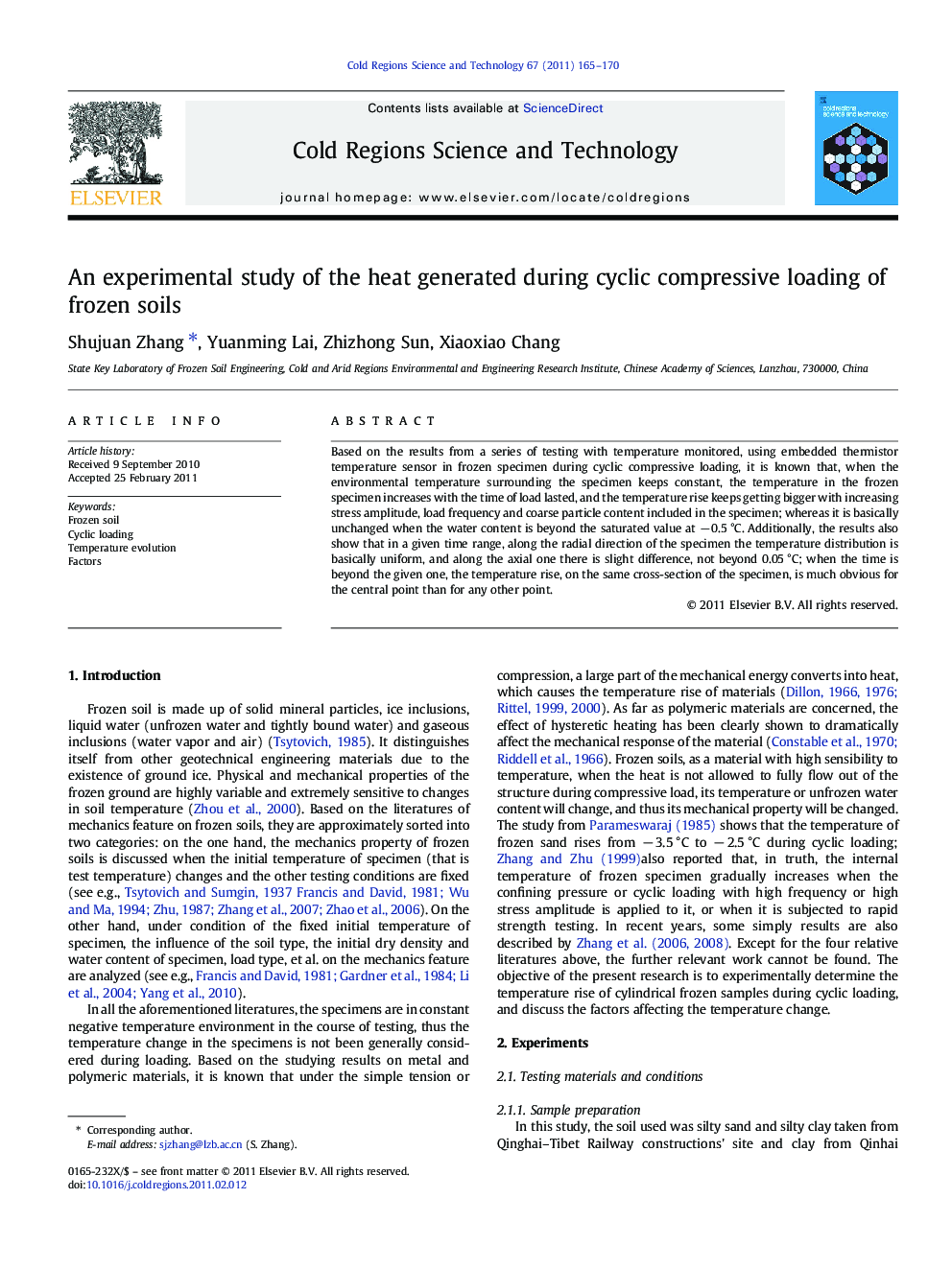 An experimental study of the heat generated during cyclic compressive loading of frozen soils