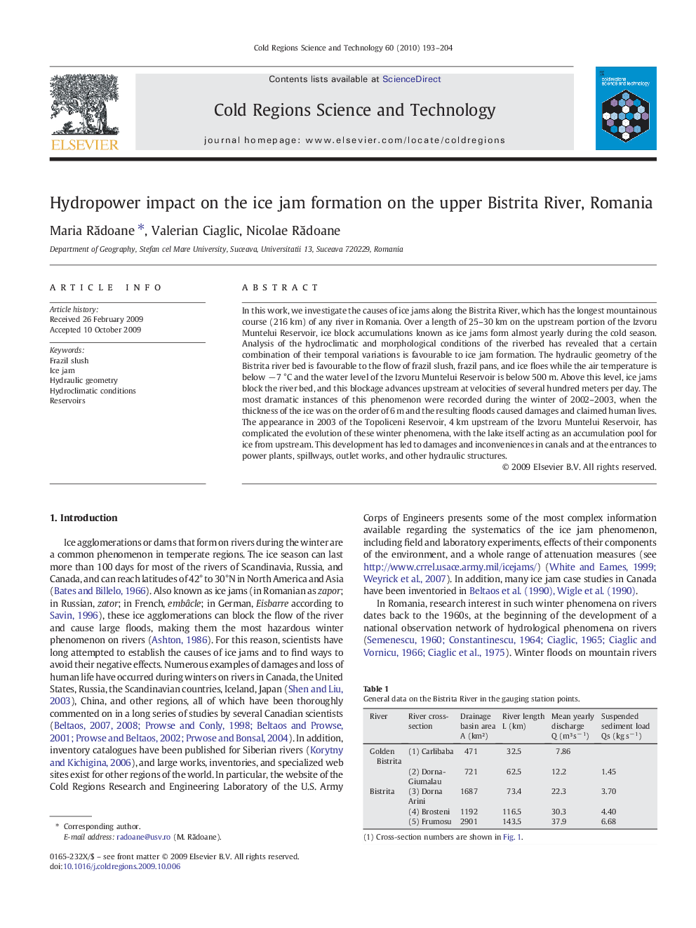 Hydropower impact on the ice jam formation on the upper Bistrita River, Romania