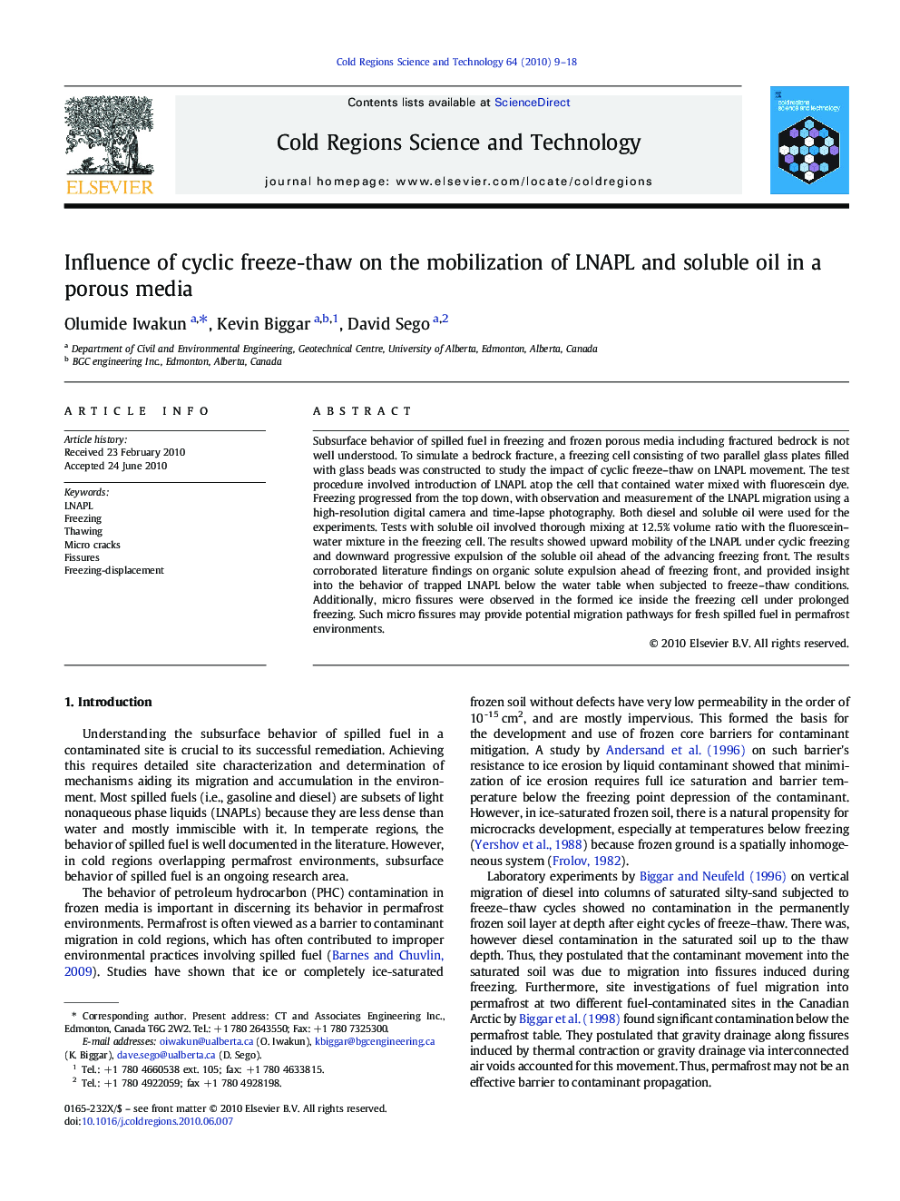 Influence of cyclic freeze-thaw on the mobilization of LNAPL and soluble oil in a porous media