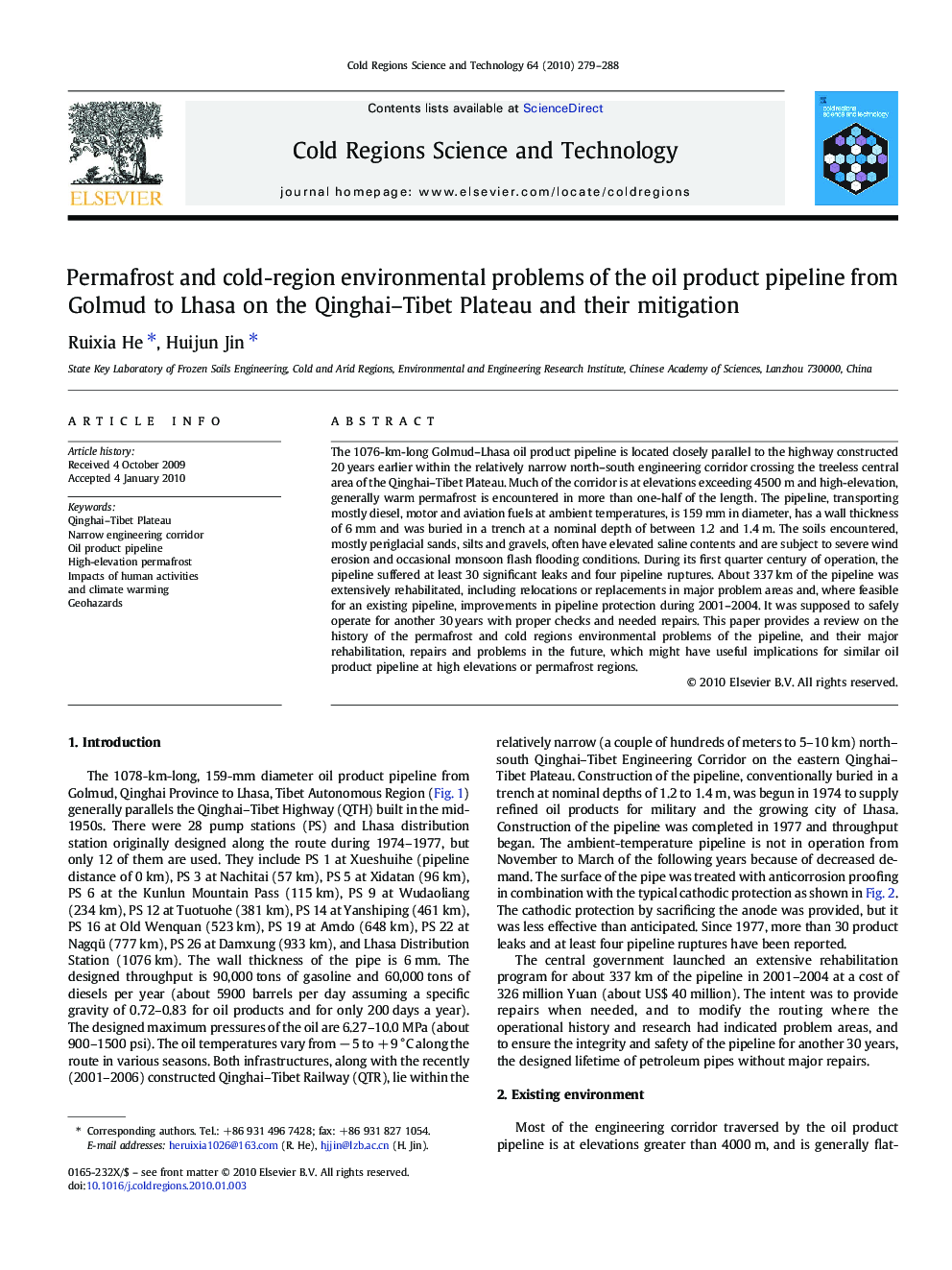 Permafrost and cold-region environmental problems of the oil product pipeline from Golmud to Lhasa on the Qinghai–Tibet Plateau and their mitigation