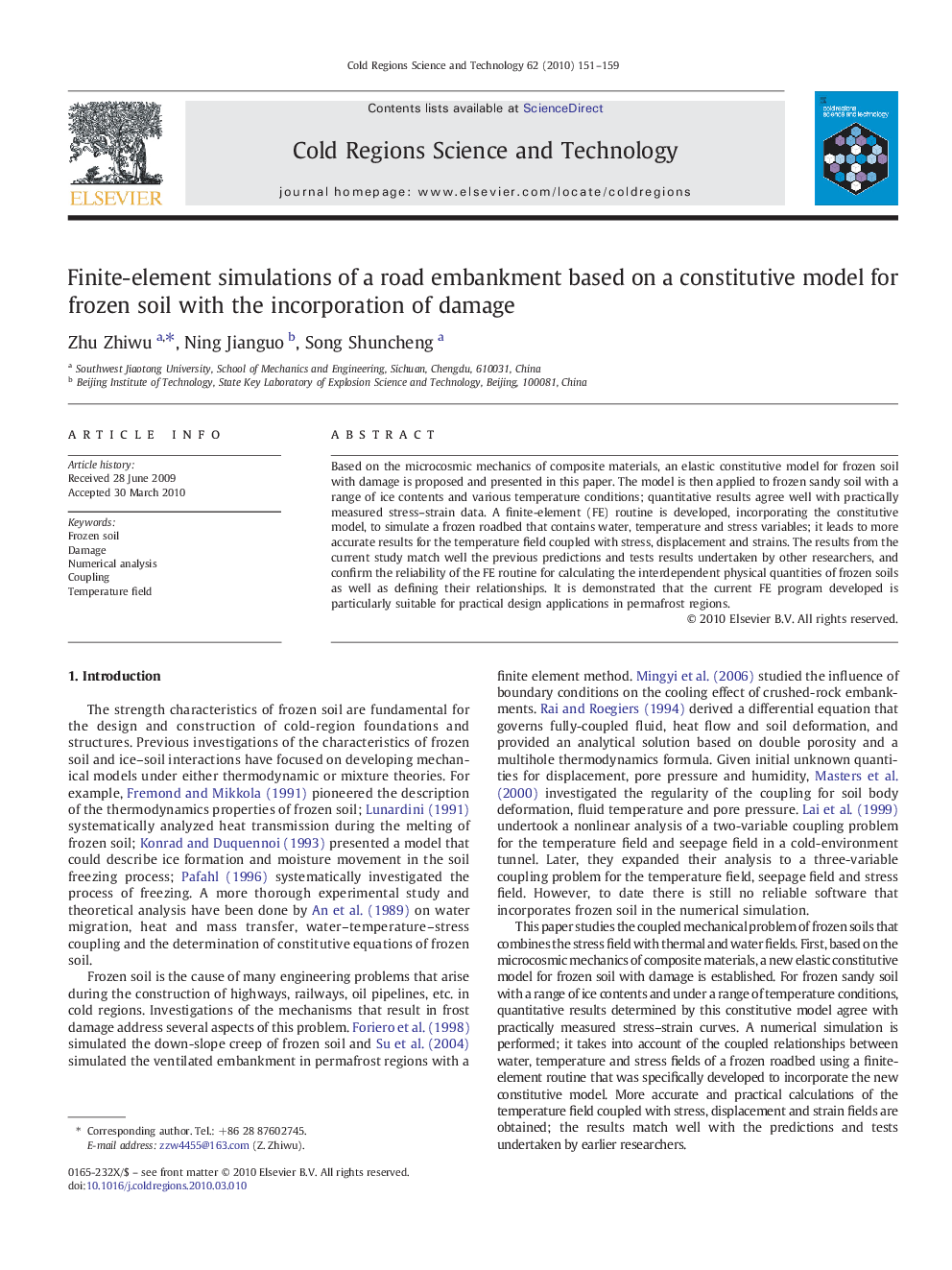 Finite-element simulations of a road embankment based on a constitutive model for frozen soil with the incorporation of damage