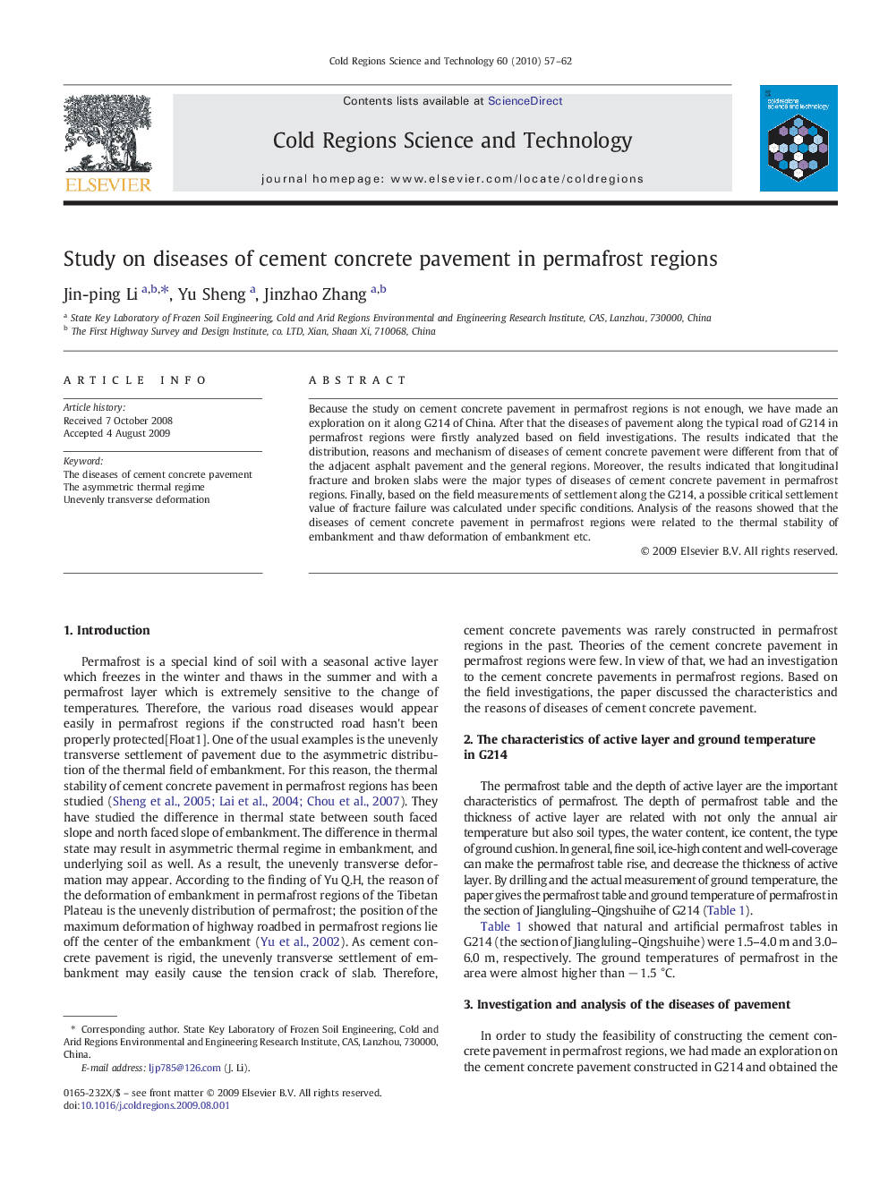 Study on diseases of cement concrete pavement in permafrost regions