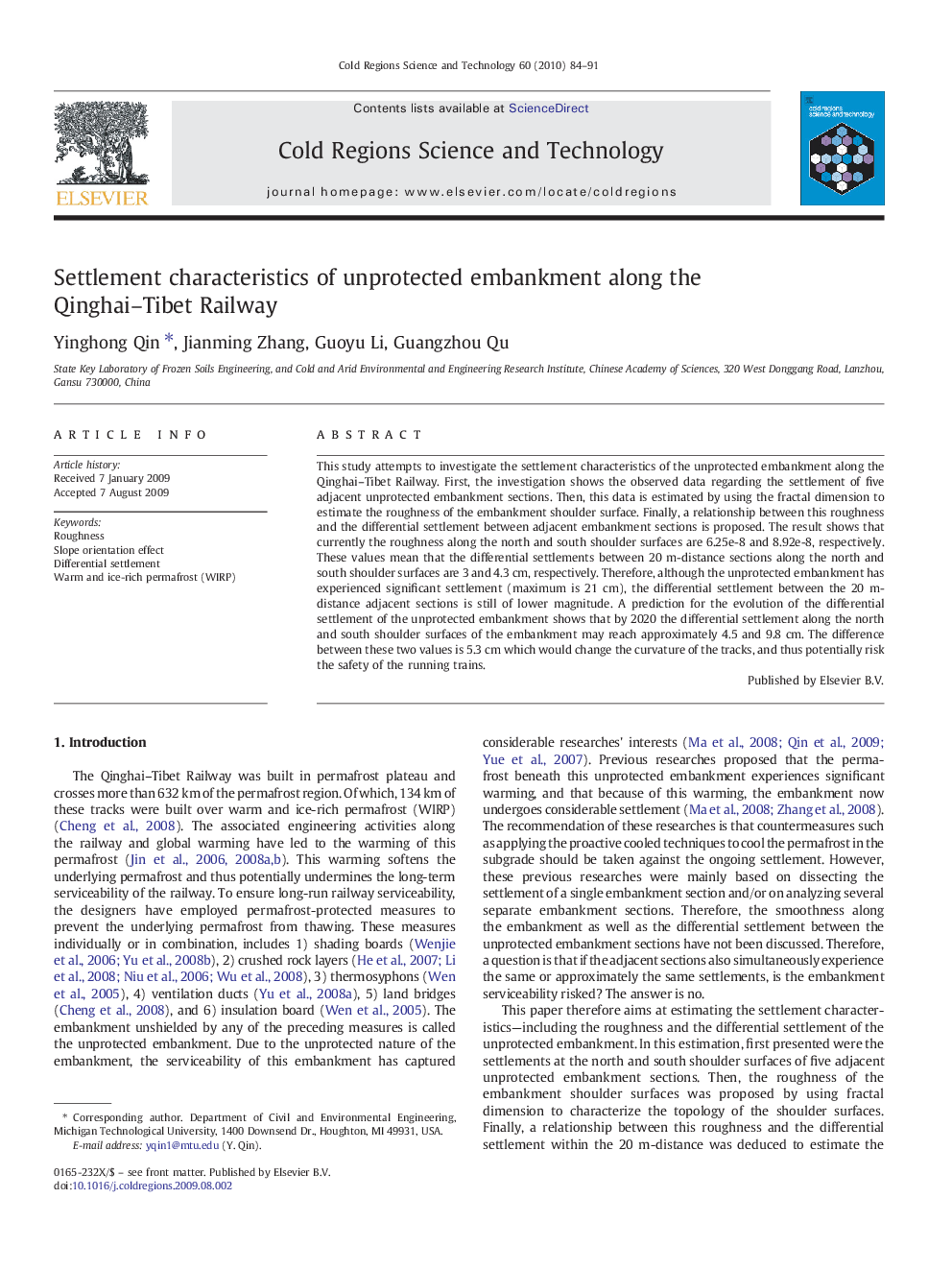 Settlement characteristics of unprotected embankment along the Qinghai–Tibet Railway