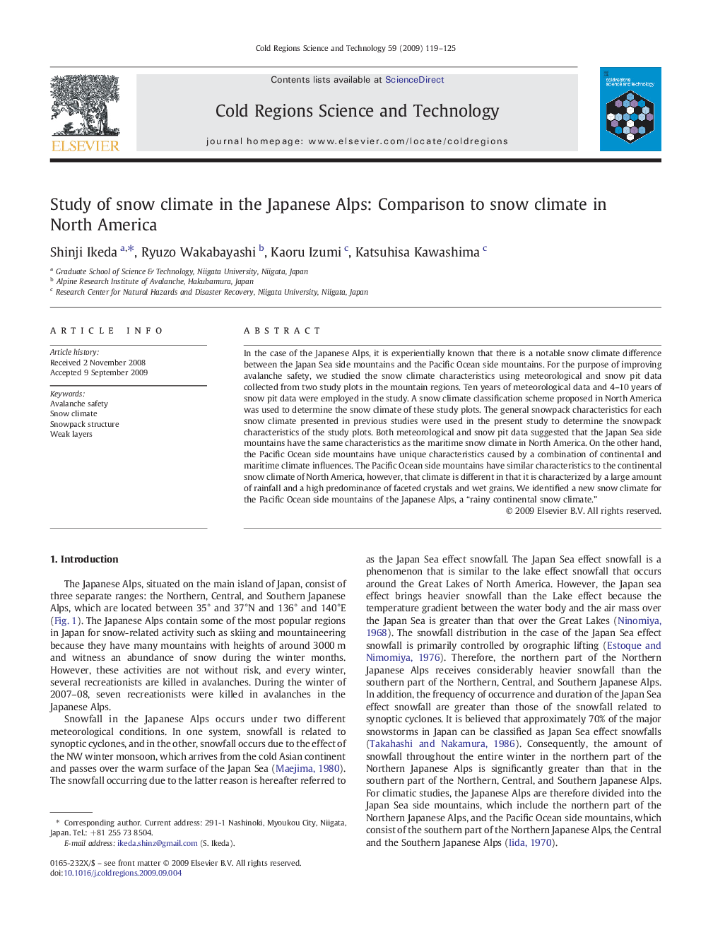 Study of snow climate in the Japanese Alps: Comparison to snow climate in North America