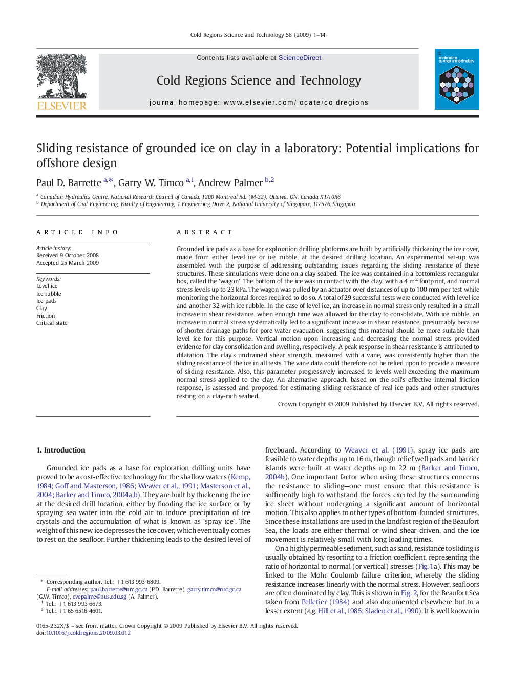 Sliding resistance of grounded ice on clay in a laboratory: Potential implications for offshore design