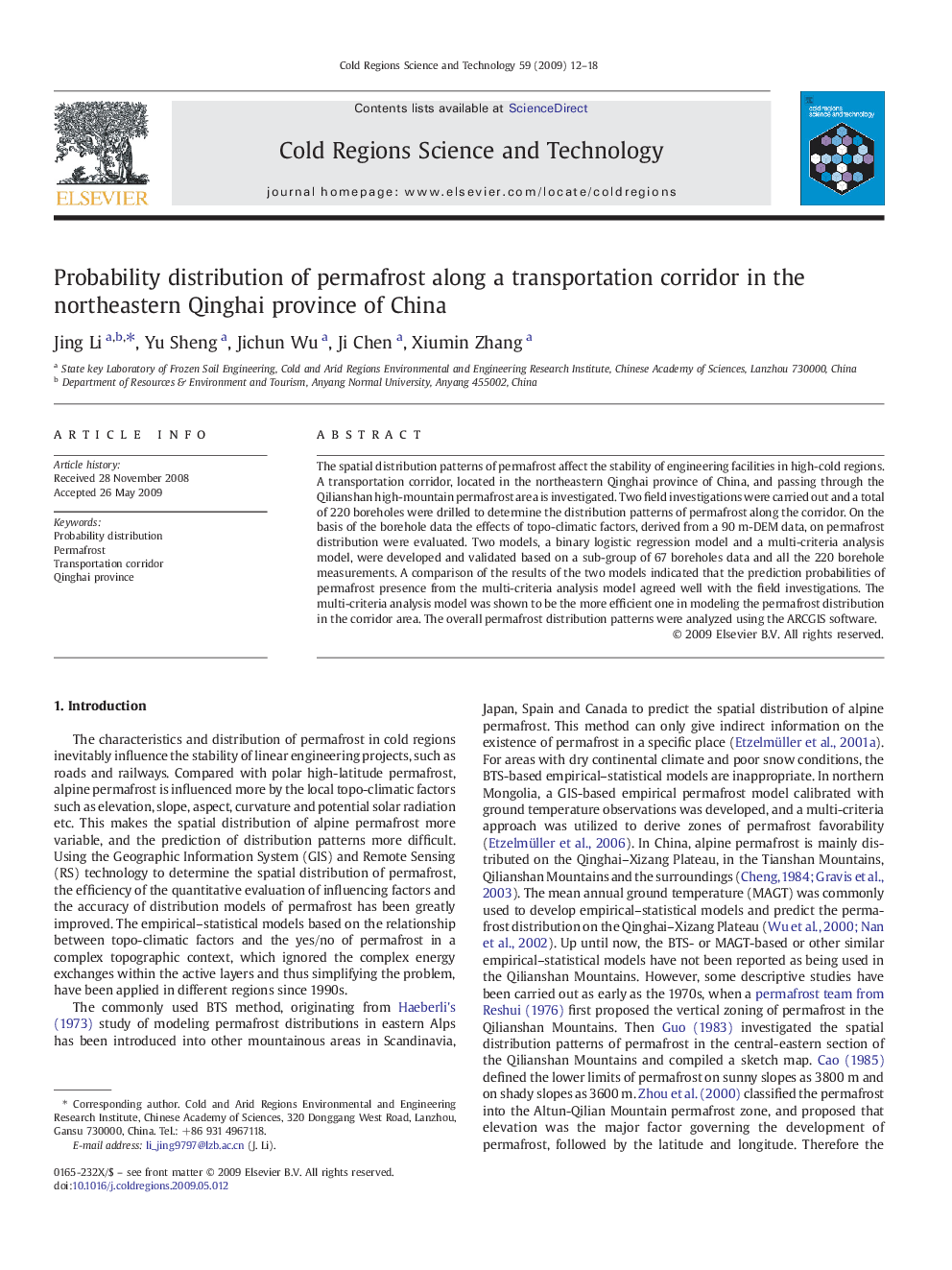 Probability distribution of permafrost along a transportation corridor in the northeastern Qinghai province of China