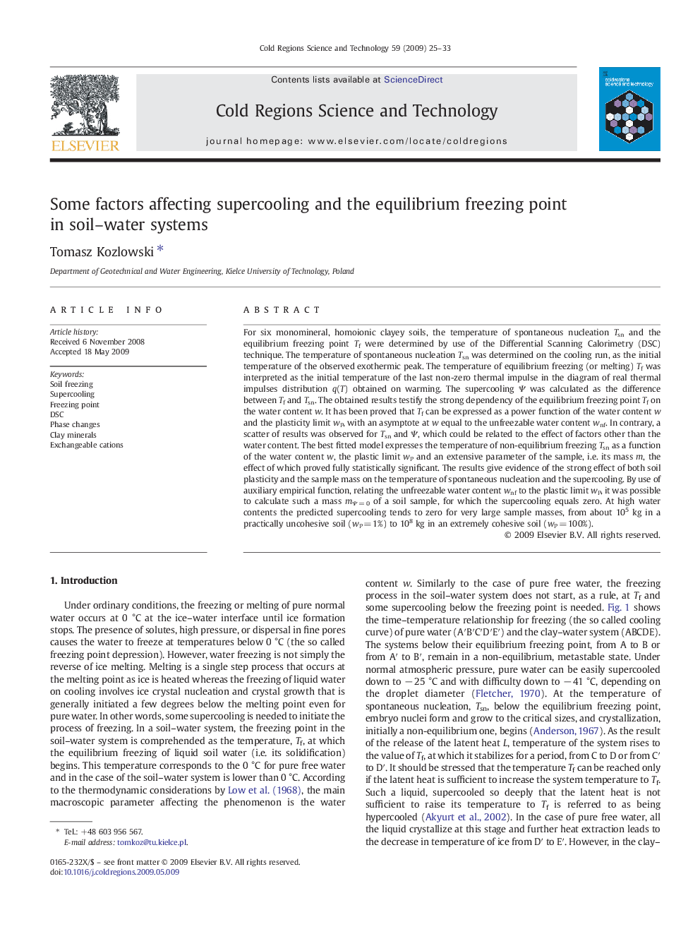 Some factors affecting supercooling and the equilibrium freezing point in soil–water systems