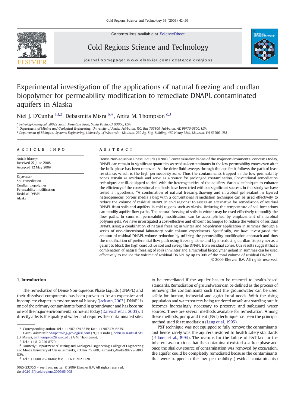 Experimental investigation of the applications of natural freezing and curdlan biopolymer for permeability modification to remediate DNAPL contaminated aquifers in Alaska