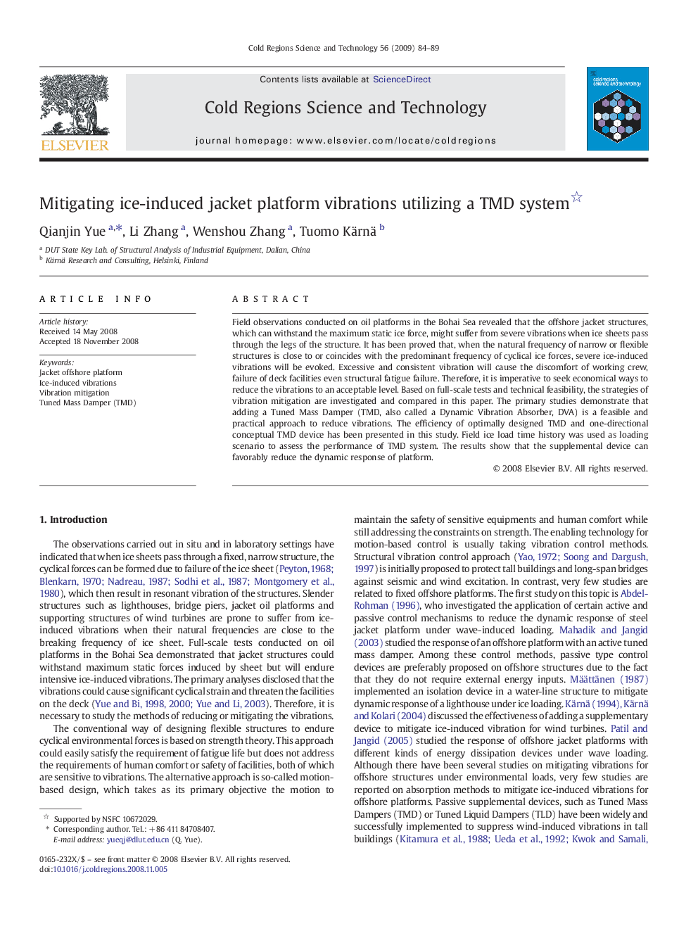 Mitigating ice-induced jacket platform vibrations utilizing a TMD system