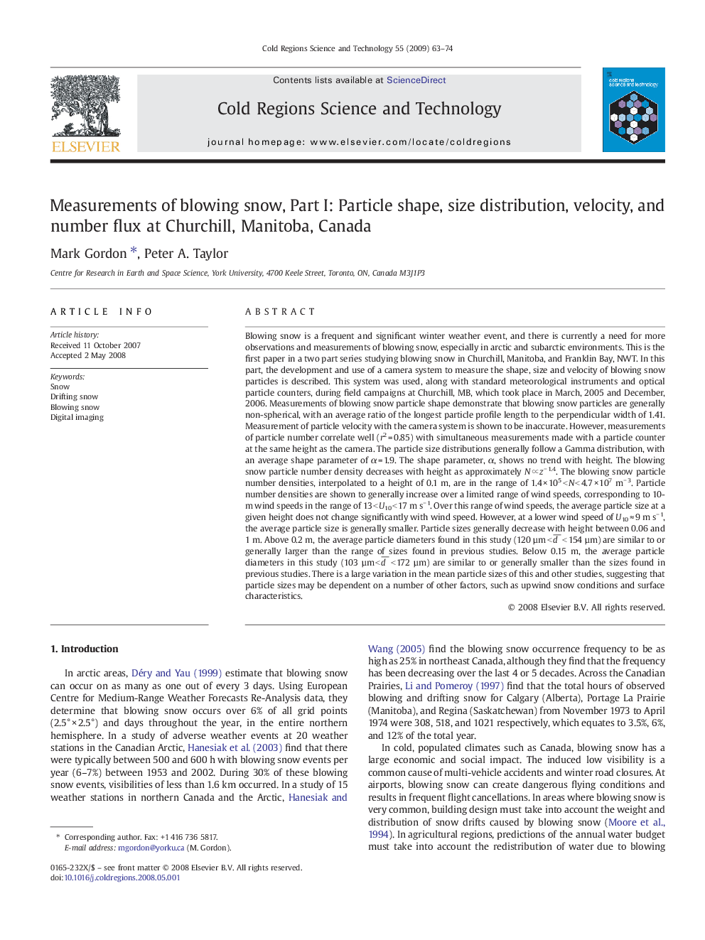 Measurements of blowing snow, Part I: Particle shape, size distribution, velocity, and number flux at Churchill, Manitoba, Canada