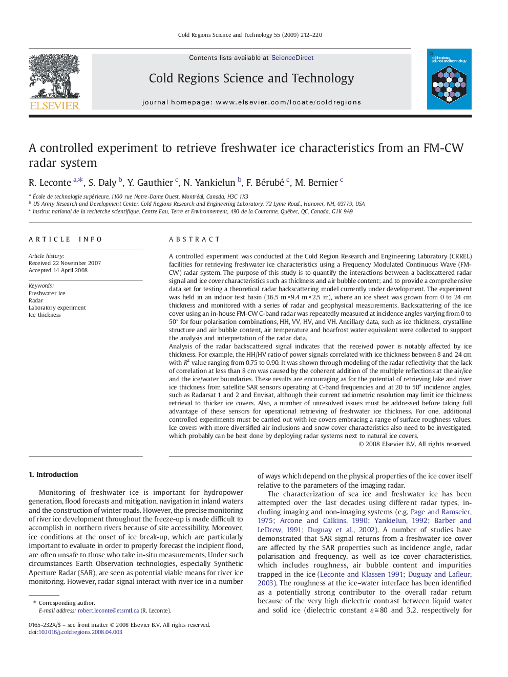 A controlled experiment to retrieve freshwater ice characteristics from an FM-CW radar system