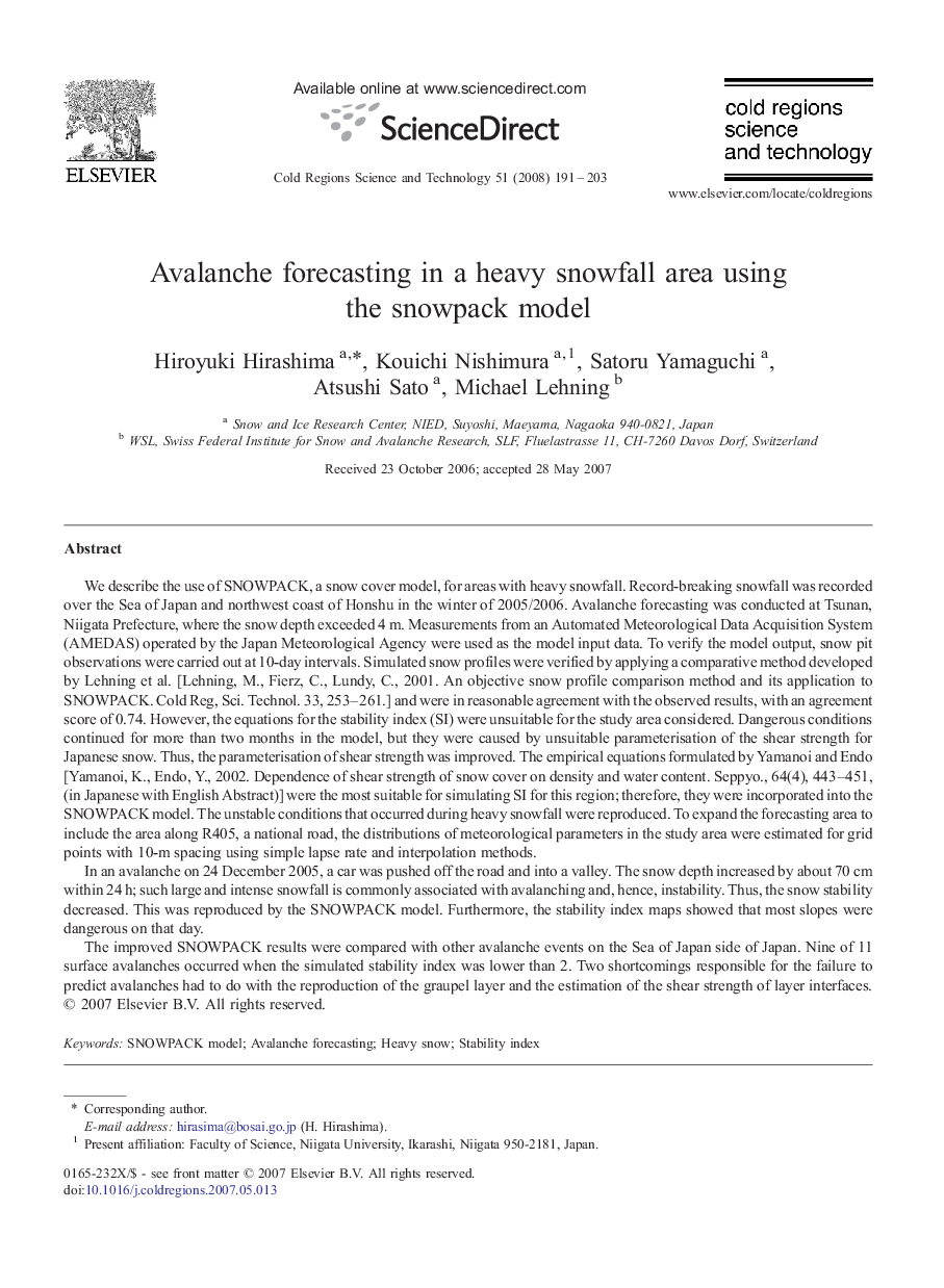 Avalanche forecasting in a heavy snowfall area using the snowpack model