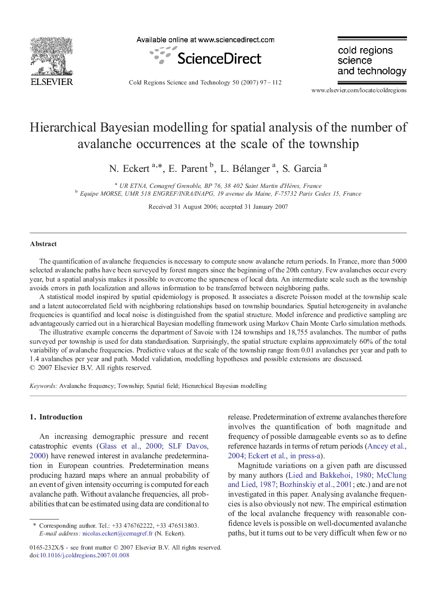 Hierarchical Bayesian modelling for spatial analysis of the number of avalanche occurrences at the scale of the township