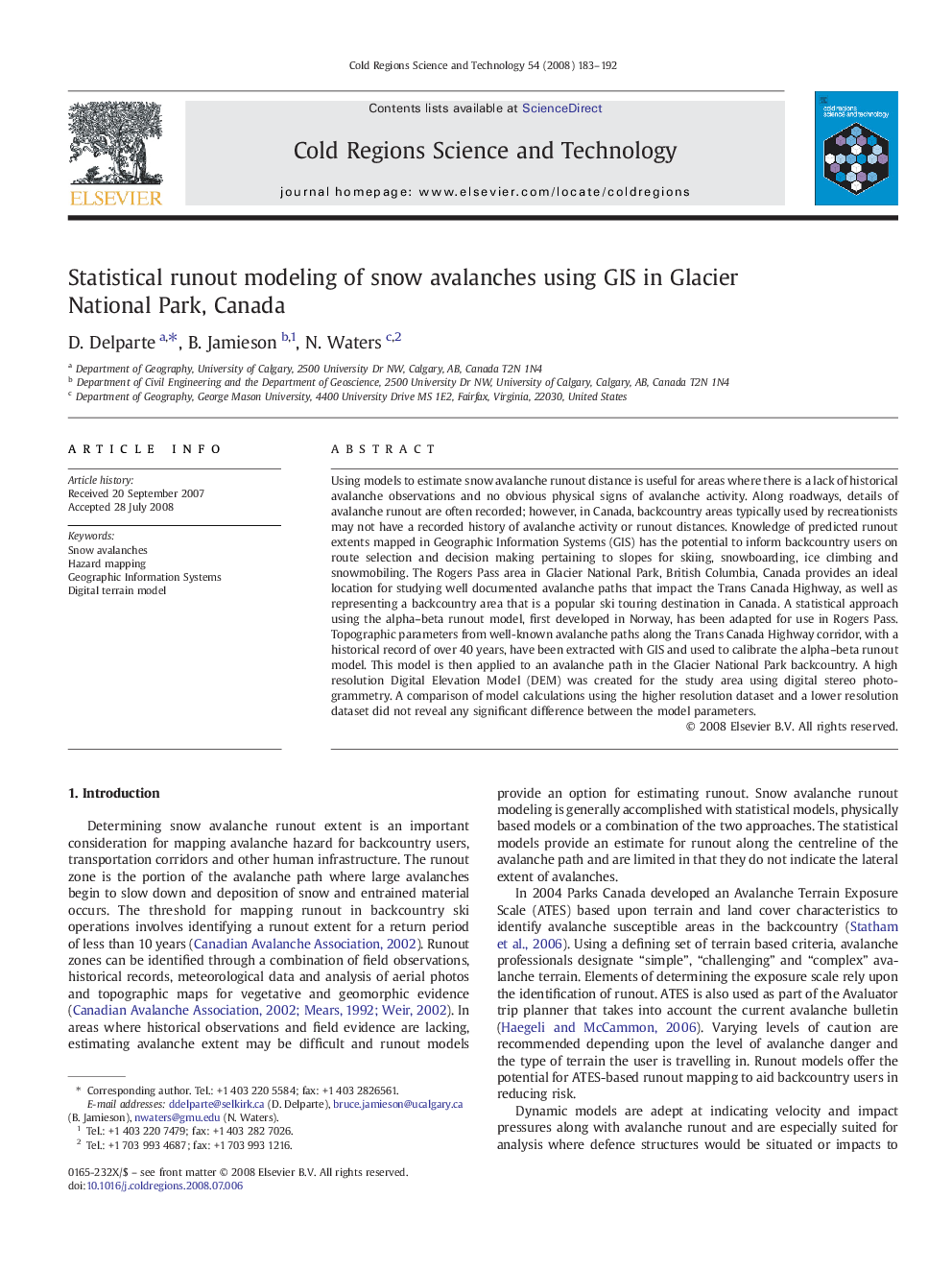 Statistical runout modeling of snow avalanches using GIS in Glacier National Park, Canada