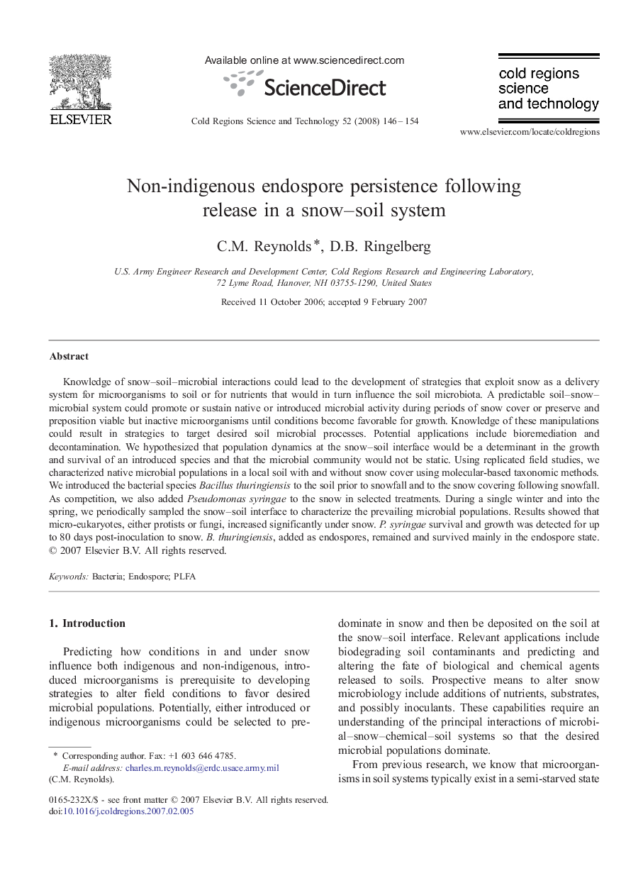 Non-indigenous endospore persistence following release in a snow–soil system