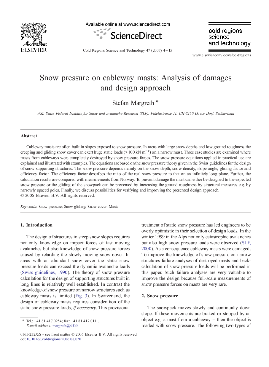 Snow pressure on cableway masts: Analysis of damages and design approach