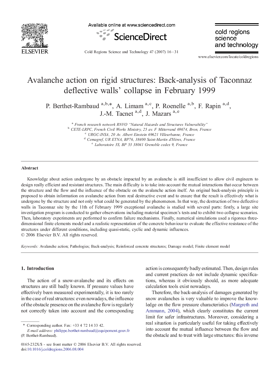 Avalanche action on rigid structures: Back-analysis of Taconnaz deflective walls' collapse in February 1999