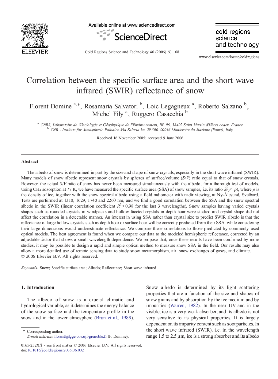 Correlation between the specific surface area and the short wave infrared (SWIR) reflectance of snow