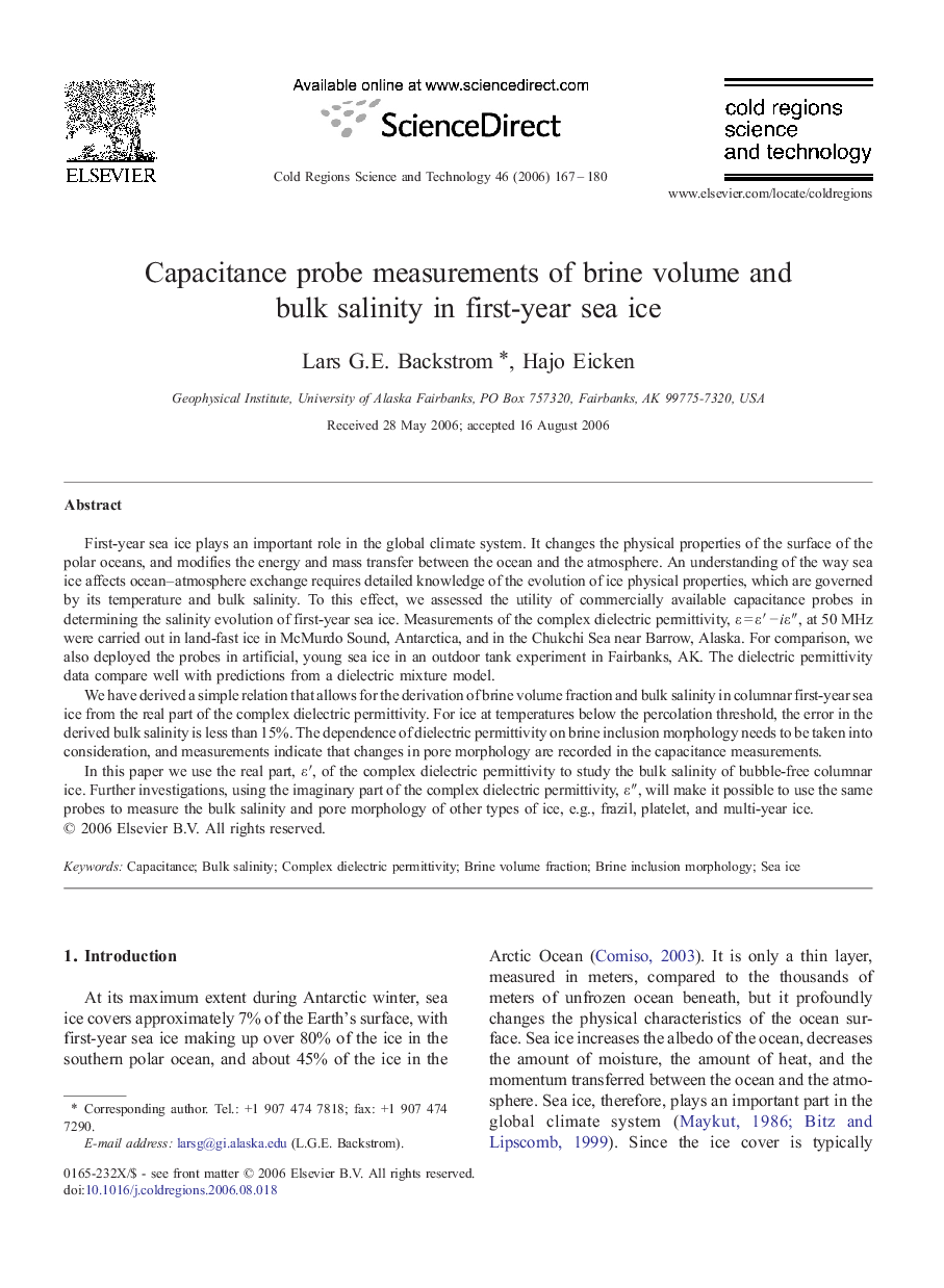 Capacitance probe measurements of brine volume and bulk salinity in first-year sea ice