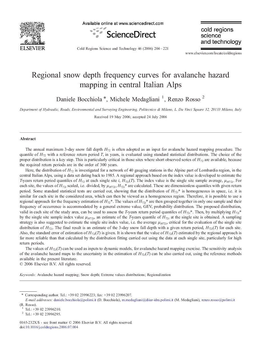 Regional snow depth frequency curves for avalanche hazard mapping in central Italian Alps