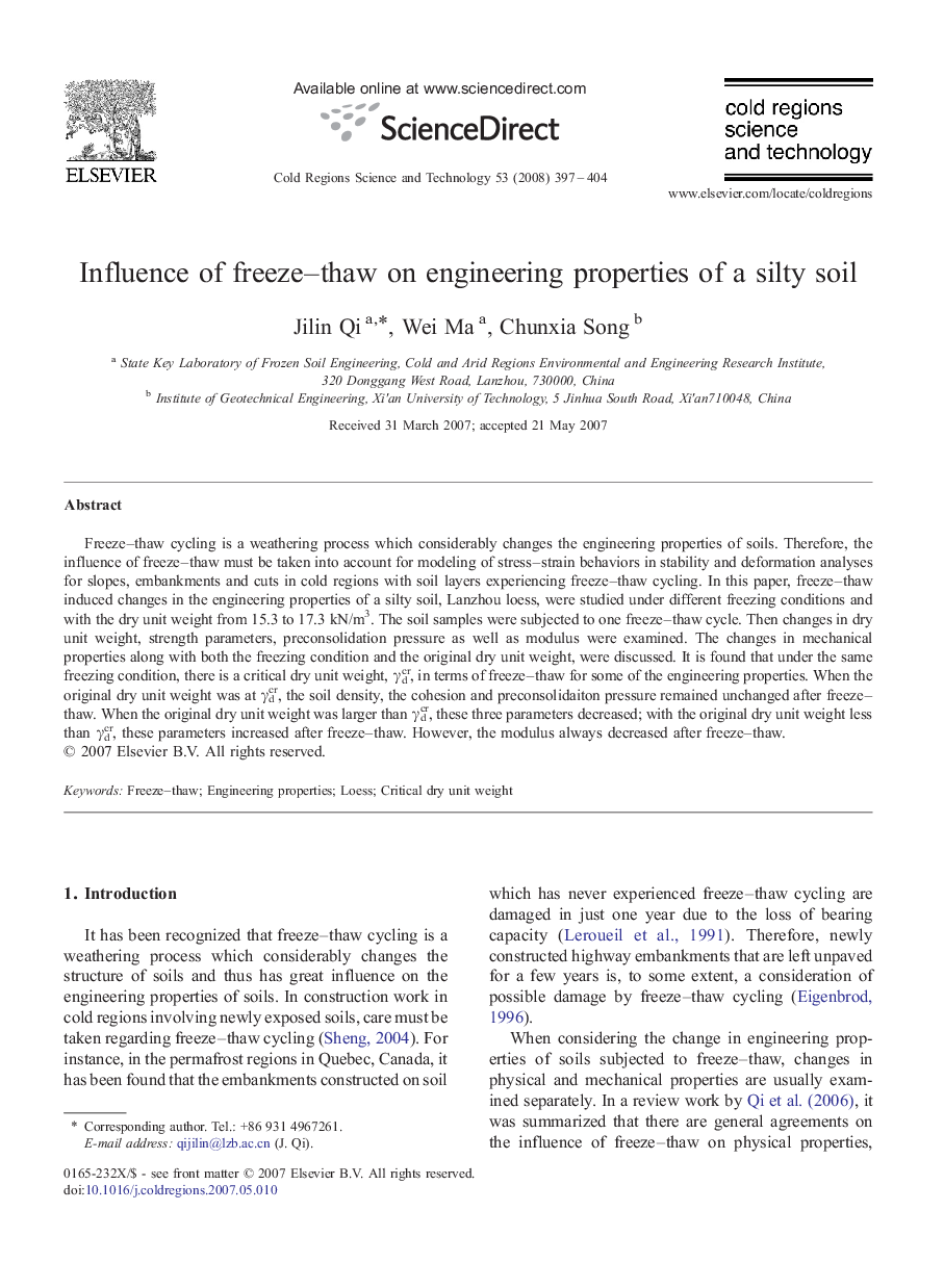 Influence of freeze–thaw on engineering properties of a silty soil