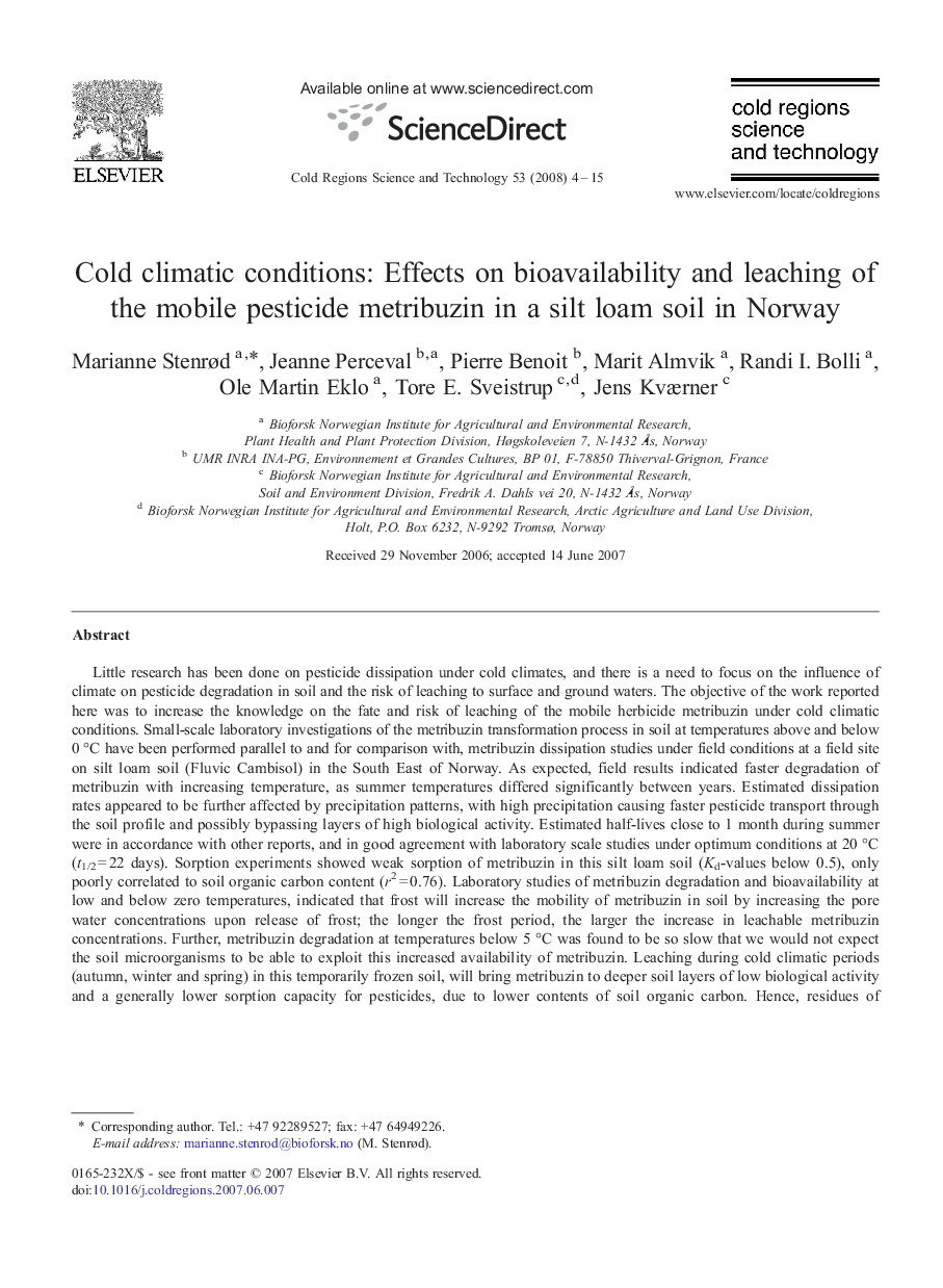 Cold climatic conditions: Effects on bioavailability and leaching of the mobile pesticide metribuzin in a silt loam soil in Norway