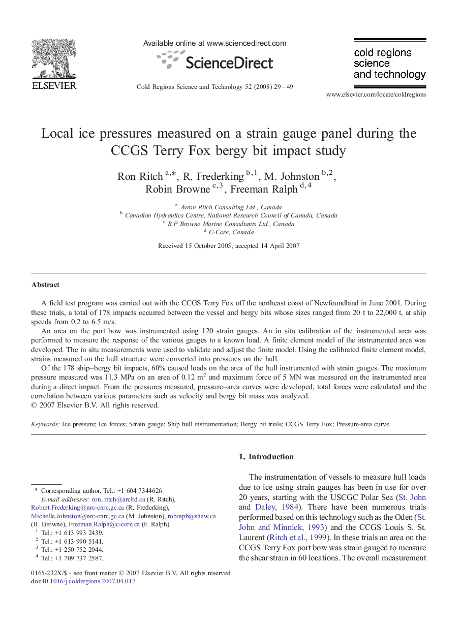 Local ice pressures measured on a strain gauge panel during the CCGS Terry Fox bergy bit impact study