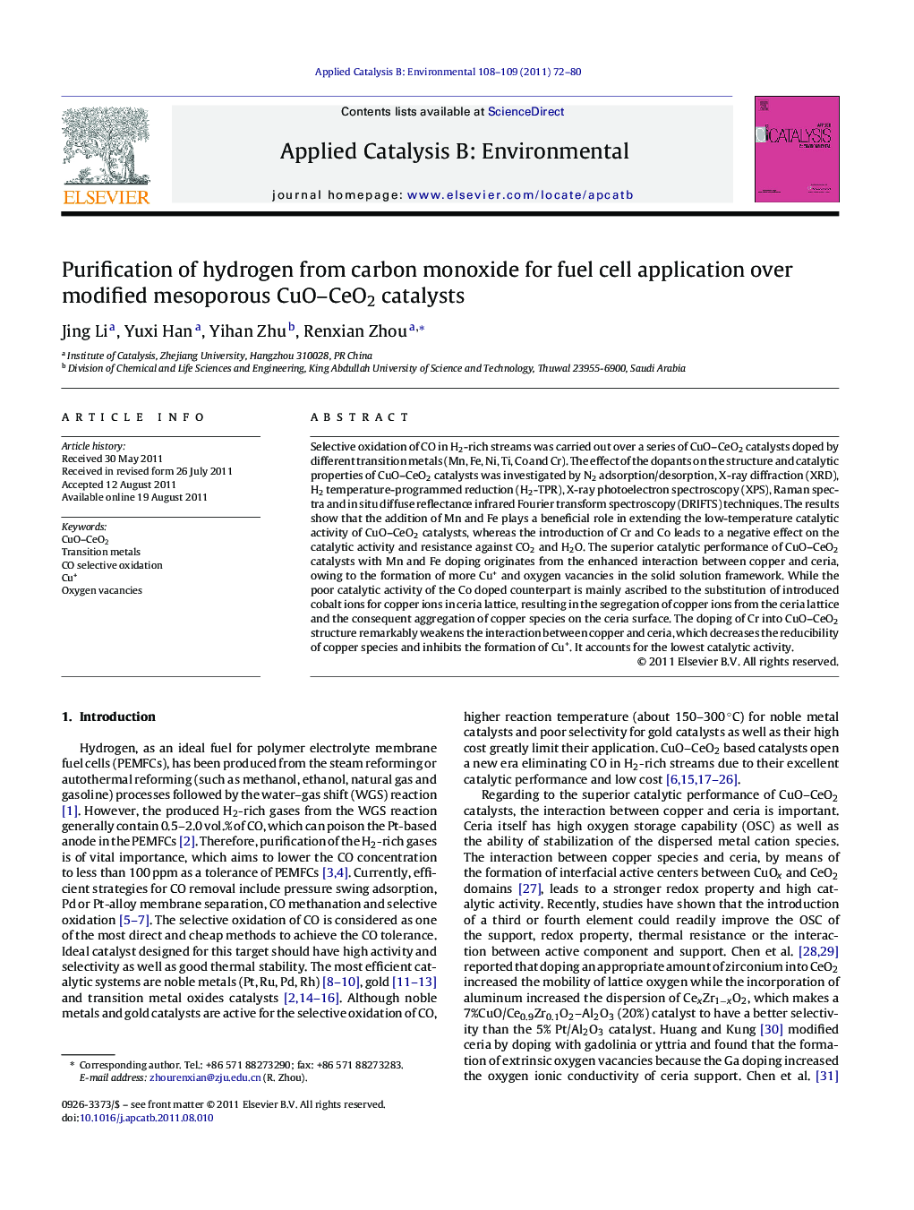 Purification of hydrogen from carbon monoxide for fuel cell application over modified mesoporous CuO–CeO2 catalysts