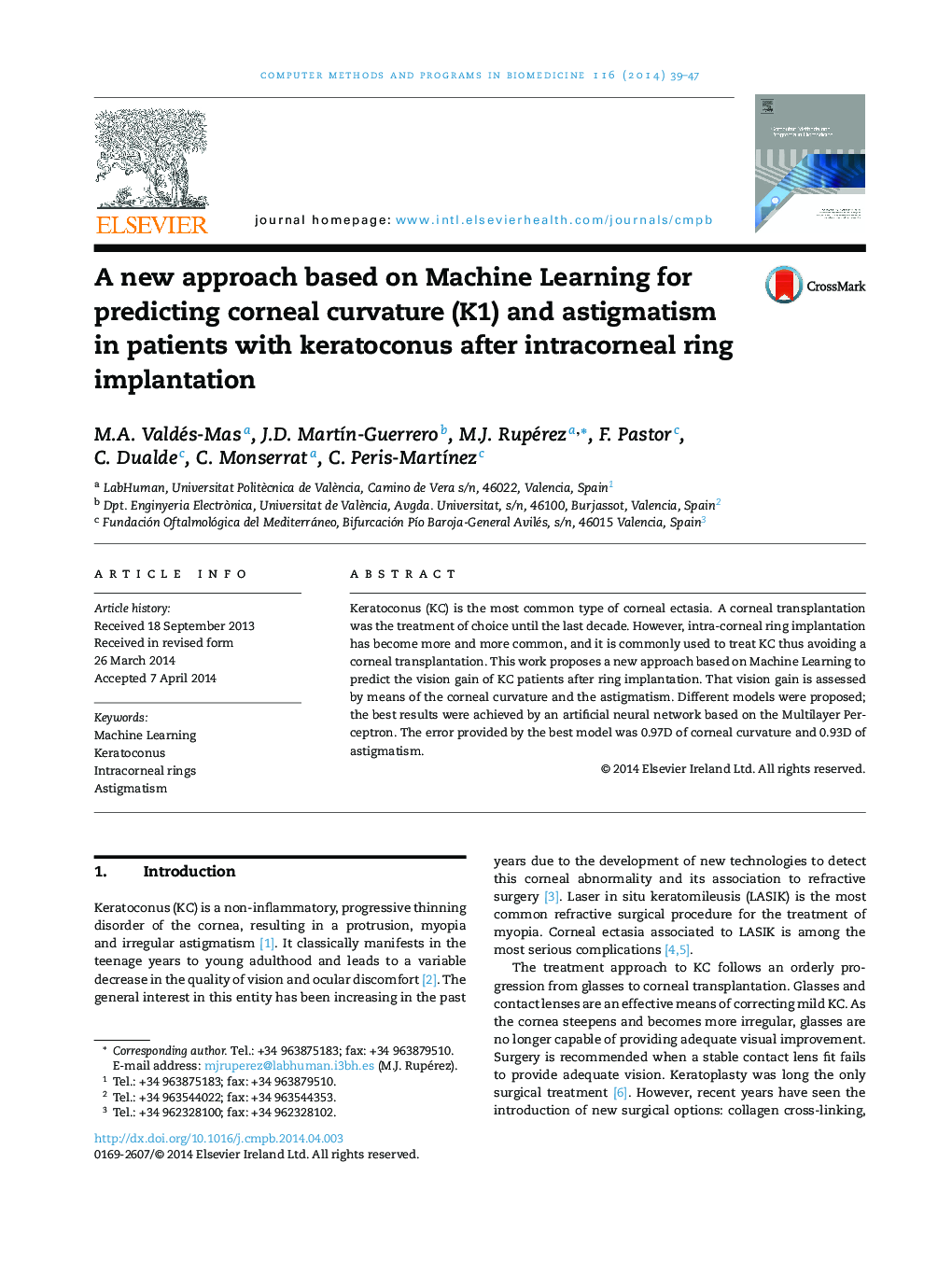 A new approach based on Machine Learning for predicting corneal curvature (K1) and astigmatism in patients with keratoconus after intracorneal ring implantation