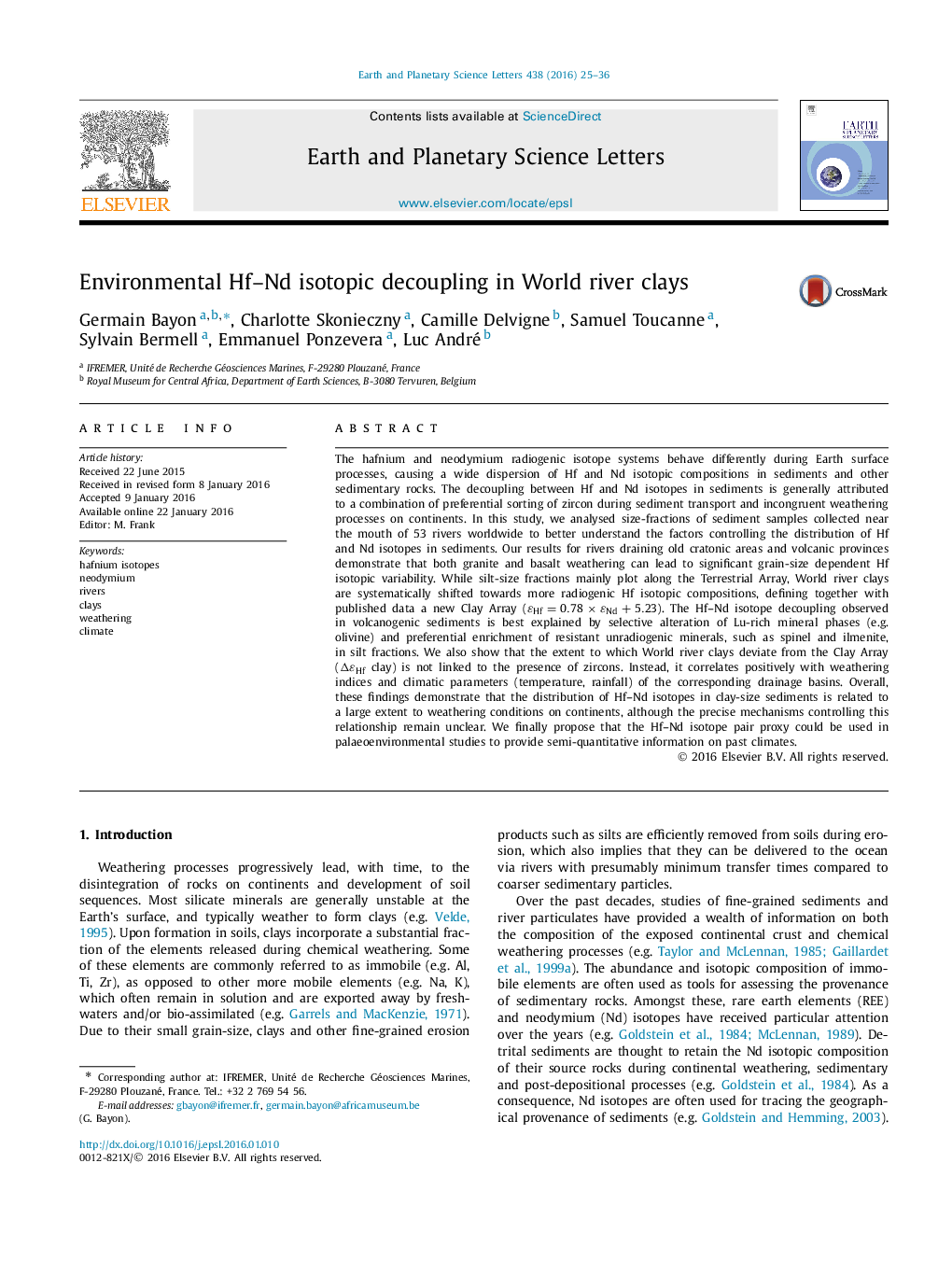 Environmental Hf–Nd isotopic decoupling in World river clays