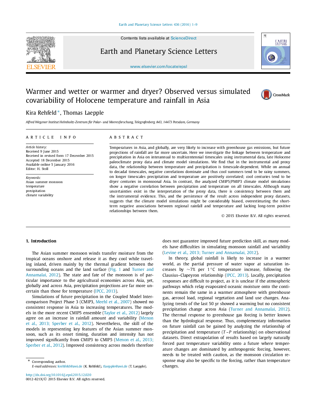 Warmer and wetter or warmer and dryer? Observed versus simulated covariability of Holocene temperature and rainfall in Asia