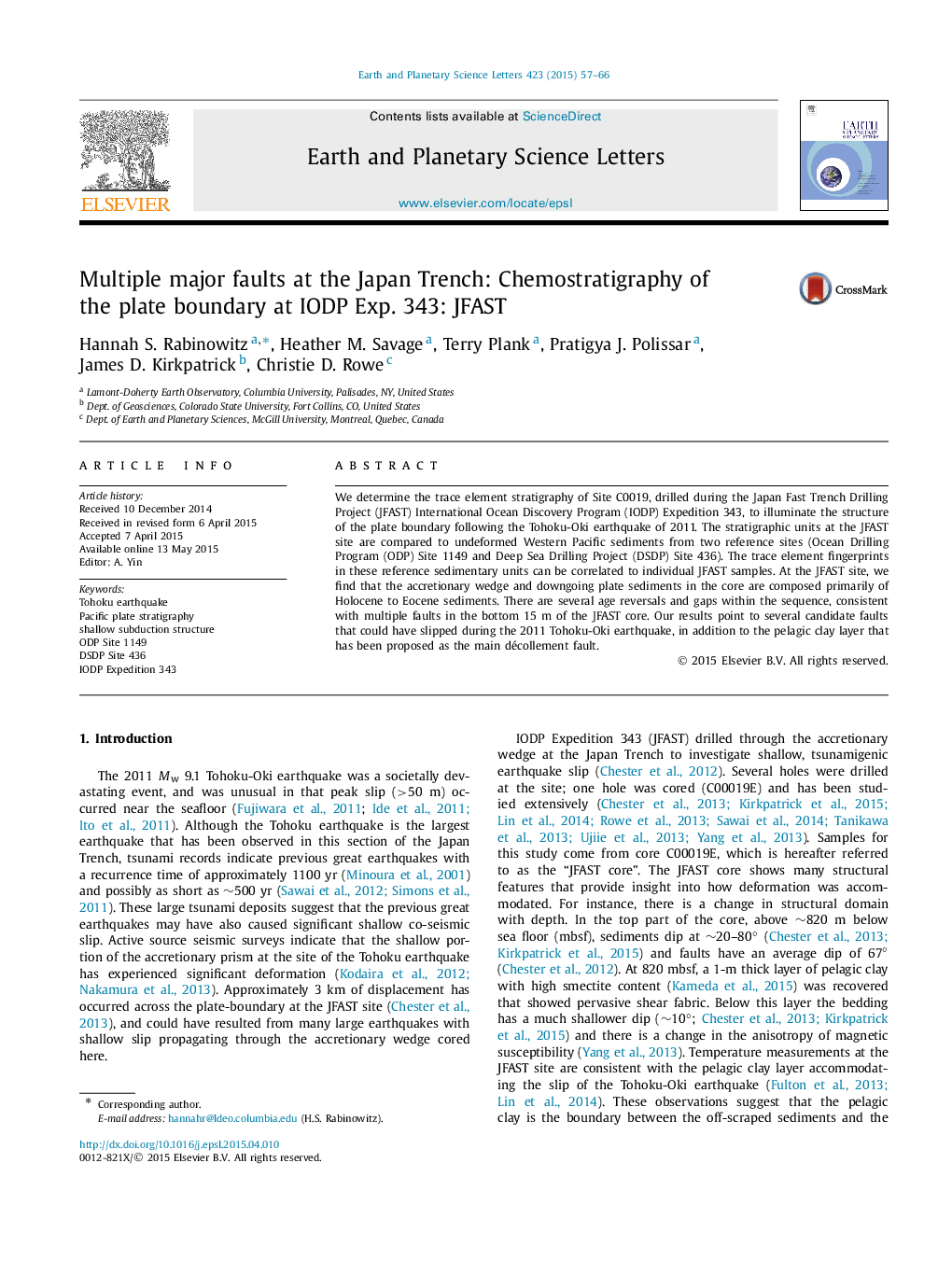 Multiple major faults at the Japan Trench: Chemostratigraphy of the plate boundary at IODP Exp. 343: JFAST