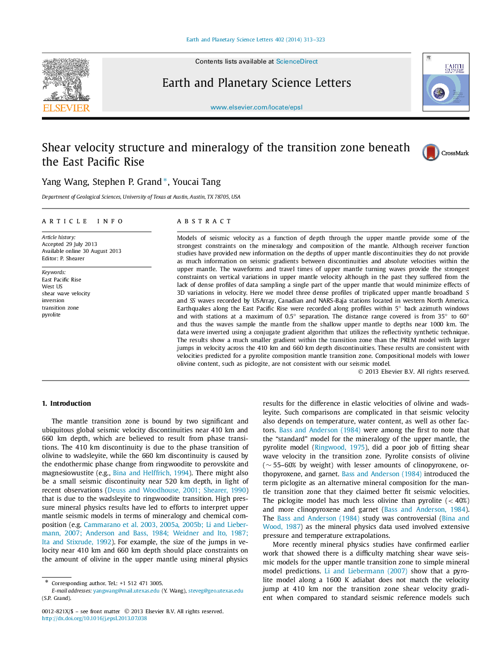 Shear velocity structure and mineralogy of the transition zone beneath the East Pacific Rise