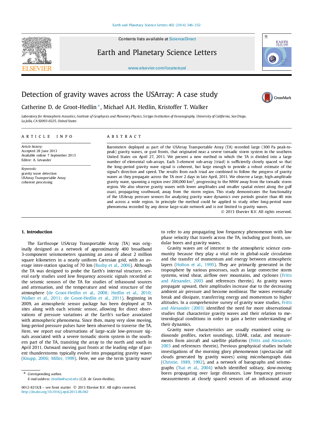 عکس صفحه اول مقاله: Detection of gravity waves across the USArray: A case study Detection of gravity waves across the USArray: A case study