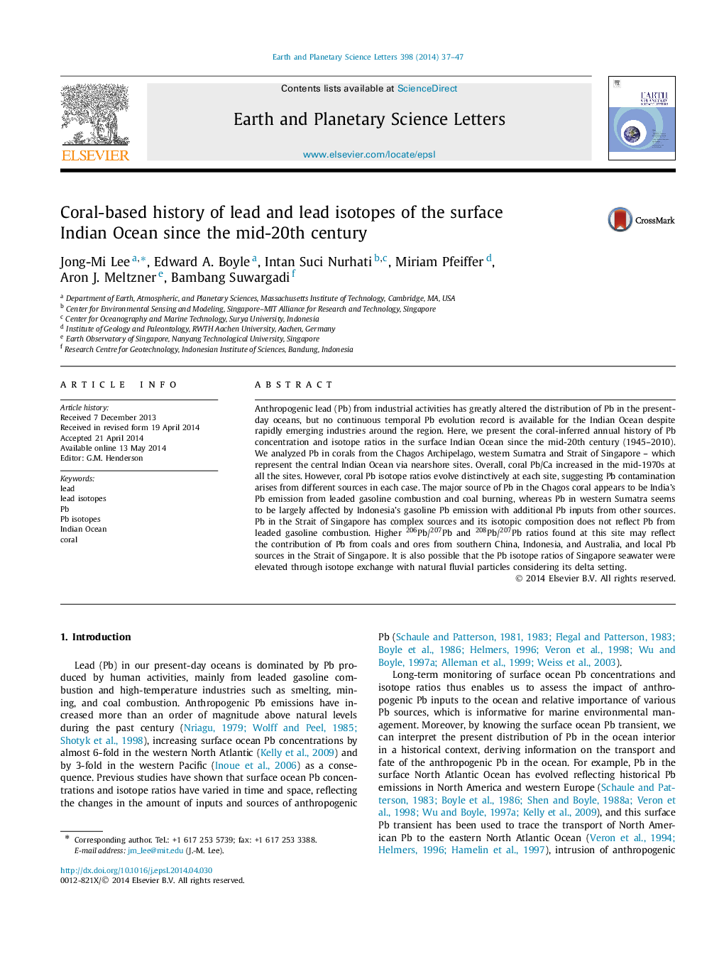 Coral-based history of lead and lead isotopes of the surface Indian Ocean since the mid-20th century