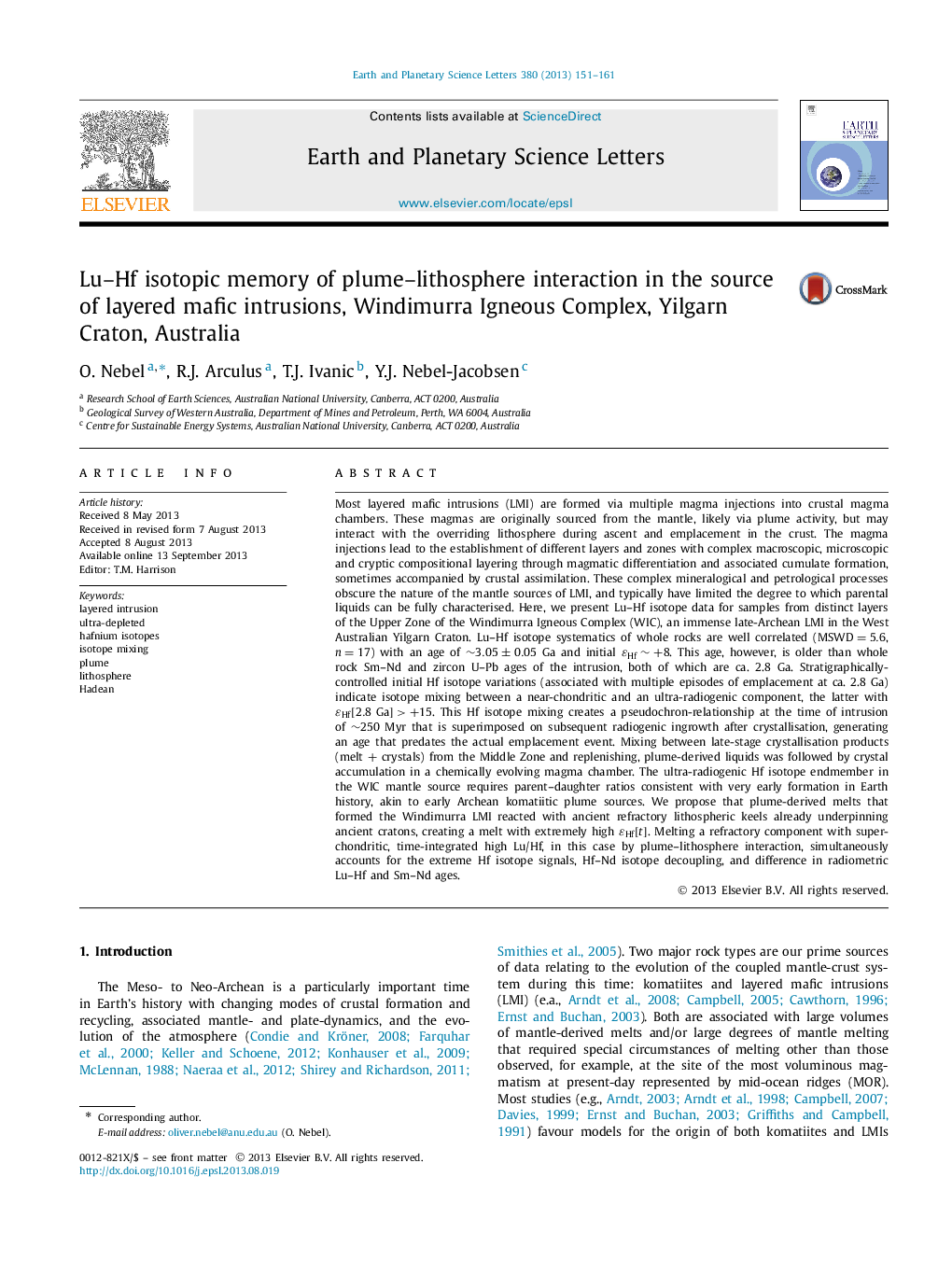 Lu–Hf isotopic memory of plume–lithosphere interaction in the source of layered mafic intrusions, Windimurra Igneous Complex, Yilgarn Craton, Australia