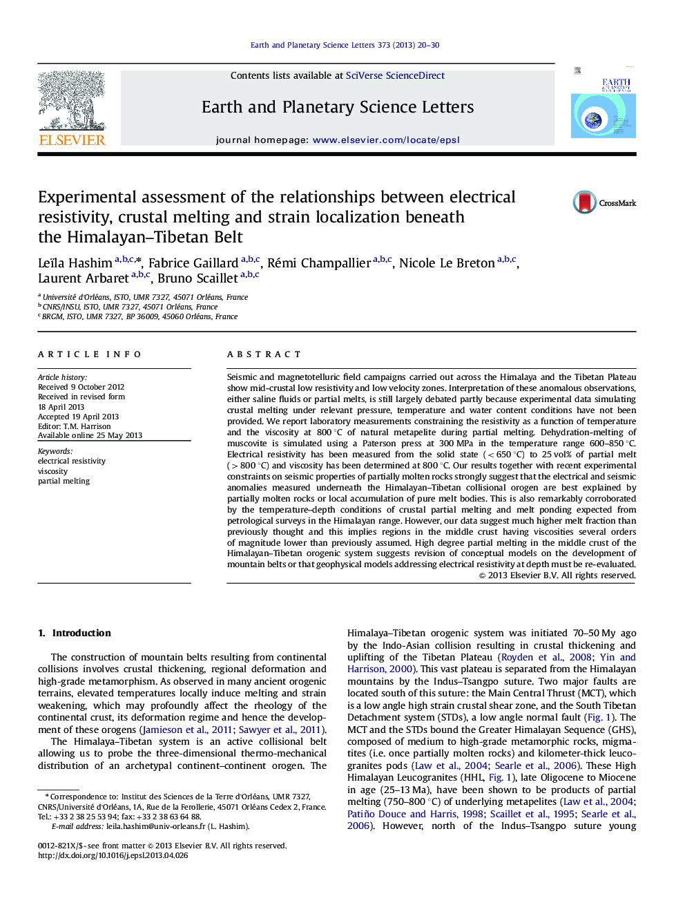 Experimental assessment of the relationships between electrical resistivity, crustal melting and strain localization beneath the Himalayan–Tibetan Belt