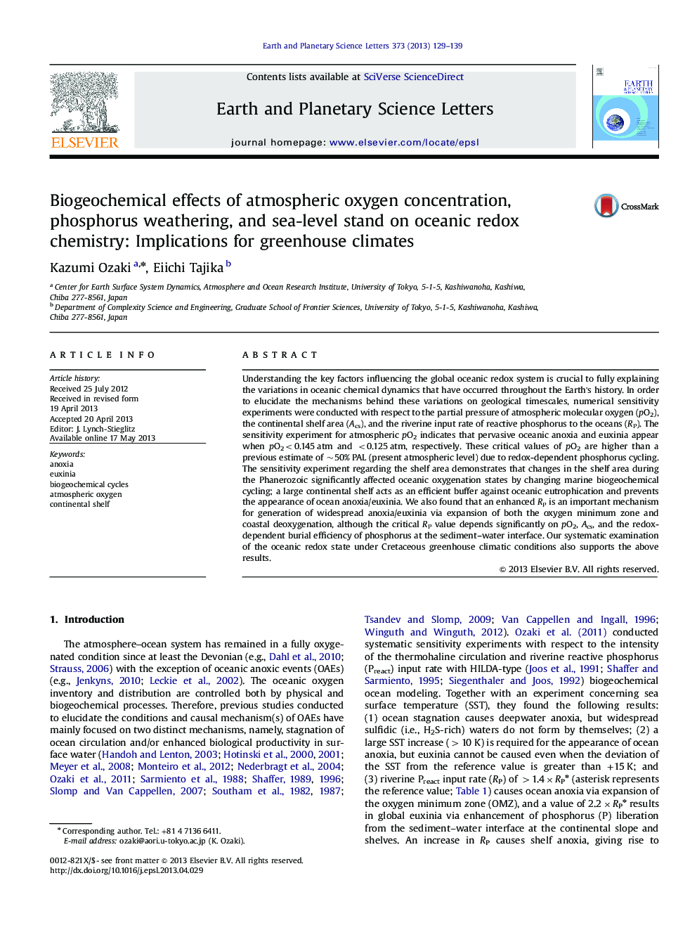 Biogeochemical effects of atmospheric oxygen concentration, phosphorus weathering, and sea-level stand on oceanic redox chemistry: Implications for greenhouse climates