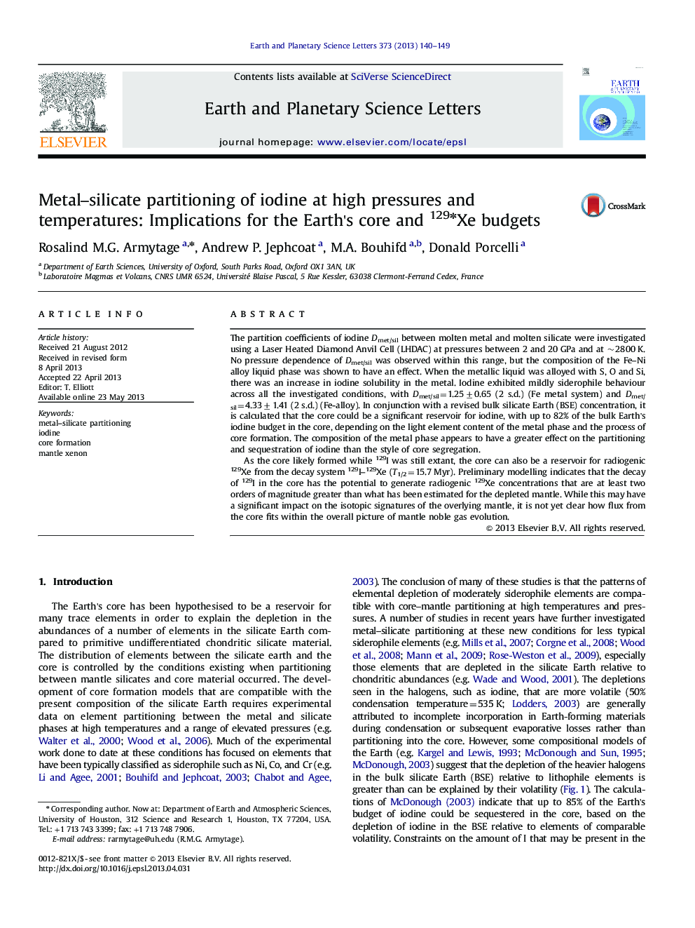 Metal–silicate partitioning of iodine at high pressures and temperatures: Implications for the Earth's core and 129⁎Xe budgets