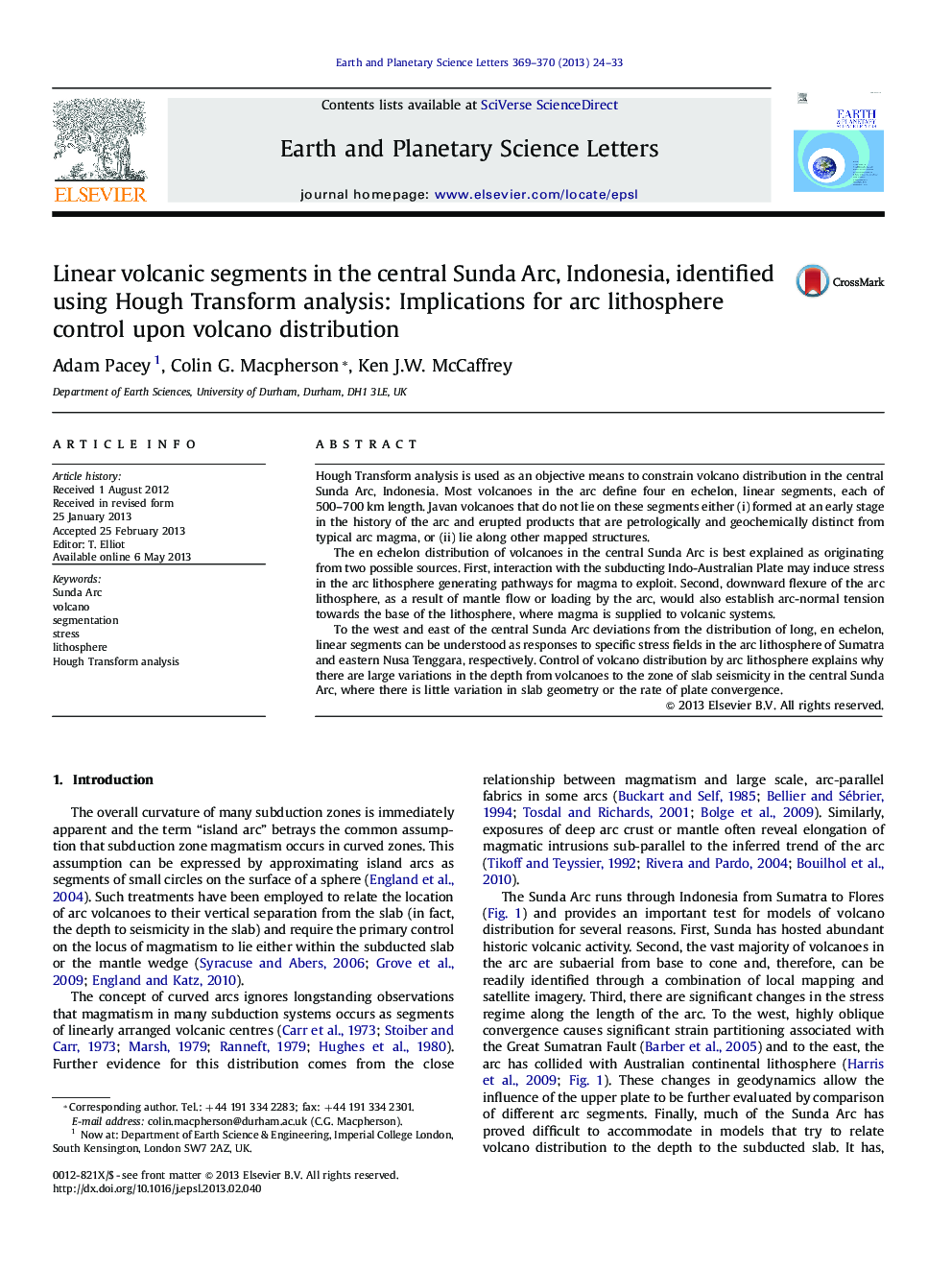 Linear volcanic segments in the central Sunda Arc, Indonesia, identified using Hough Transform analysis: Implications for arc lithosphere control upon volcano distribution