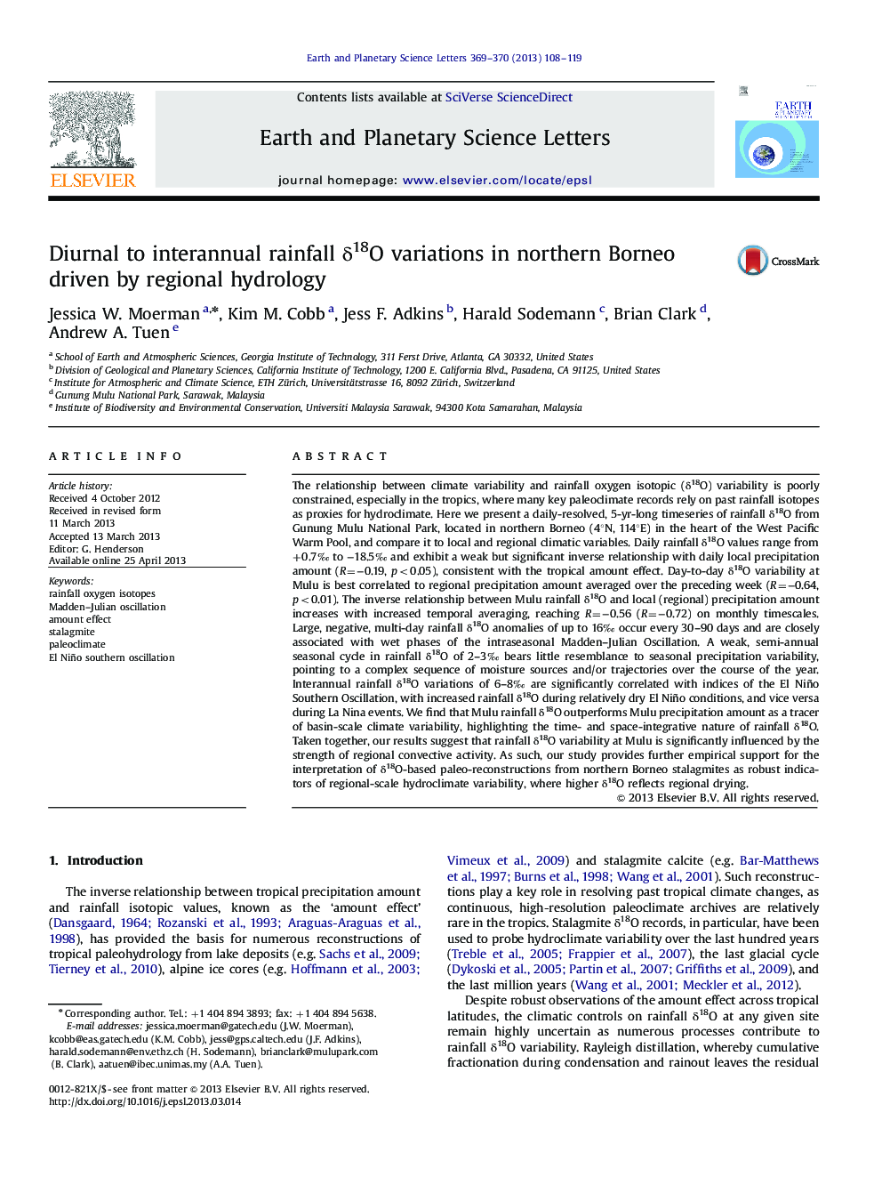 Diurnal to interannual rainfall δ18O variations in northern Borneo driven by regional hydrology