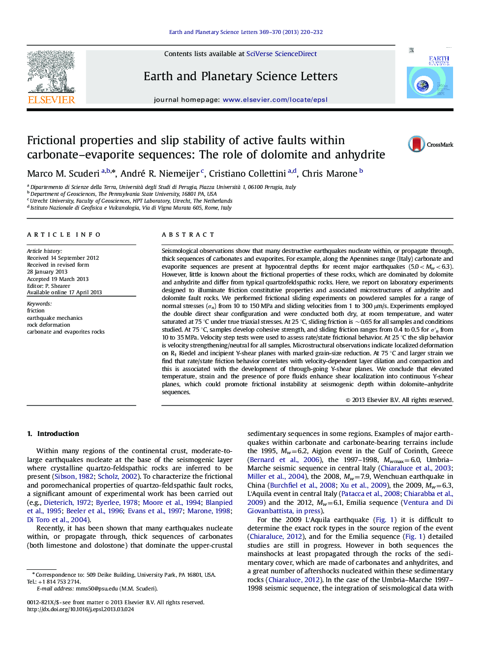 Frictional properties and slip stability of active faults within carbonate–evaporite sequences: The role of dolomite and anhydrite