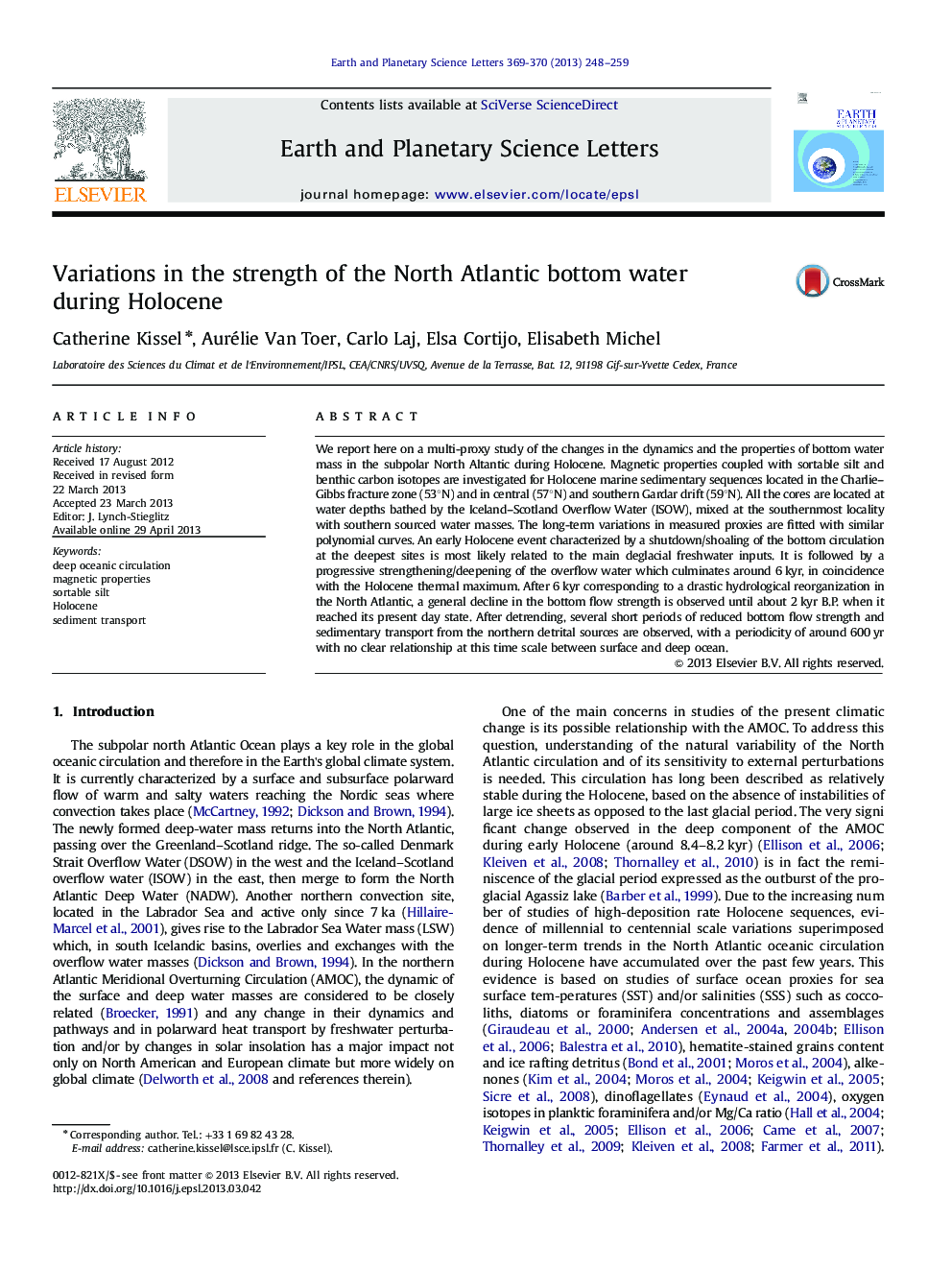 Variations in the strength of the North Atlantic bottom water during Holocene