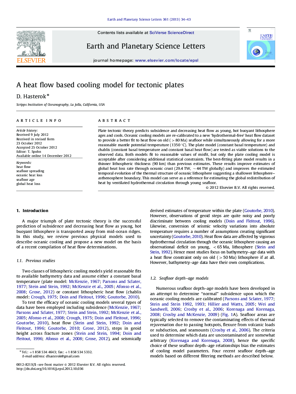 A heat flow based cooling model for tectonic plates