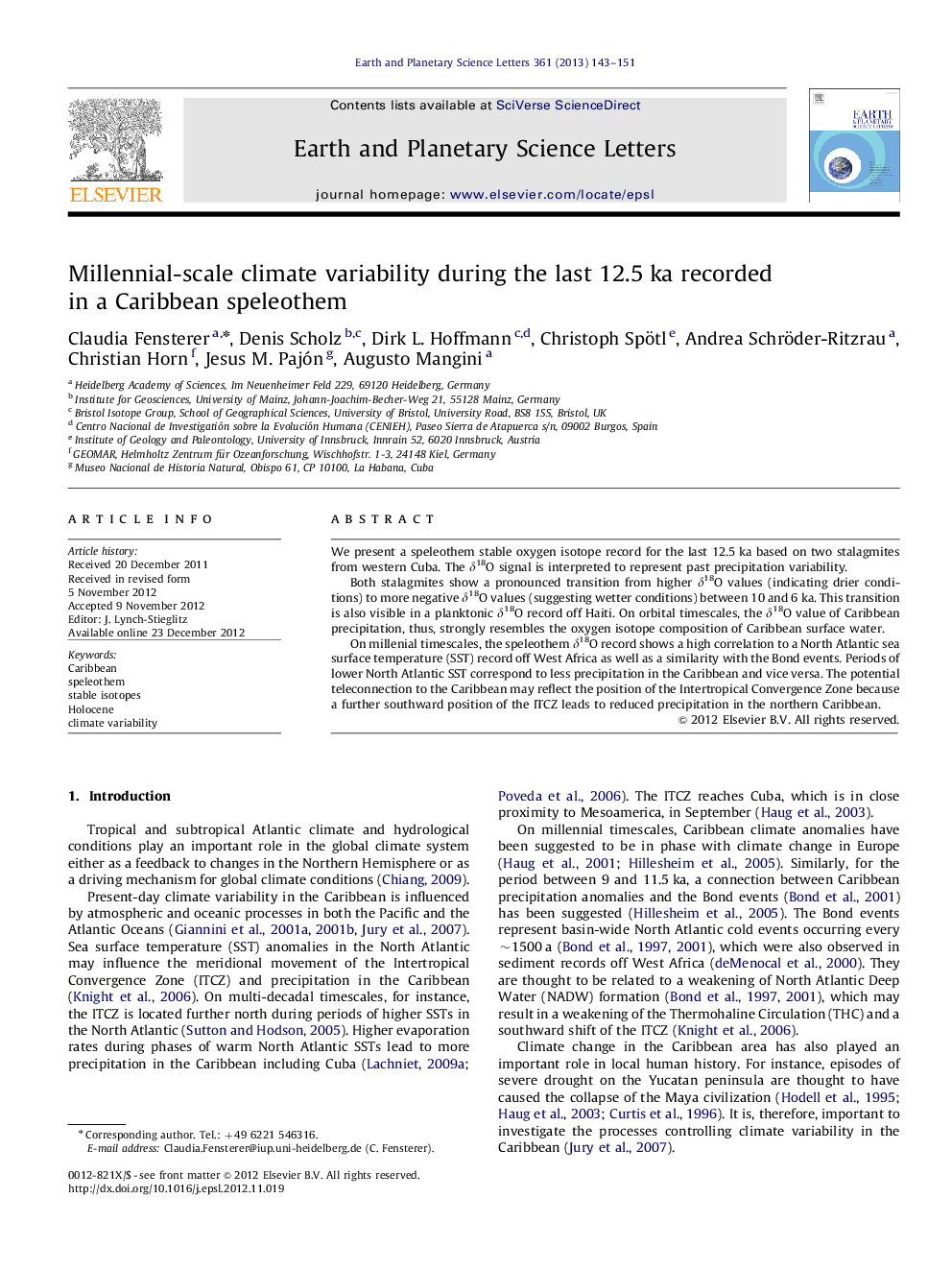 Millennial-scale climate variability during the last 12.5 ka recorded in a Caribbean speleothem