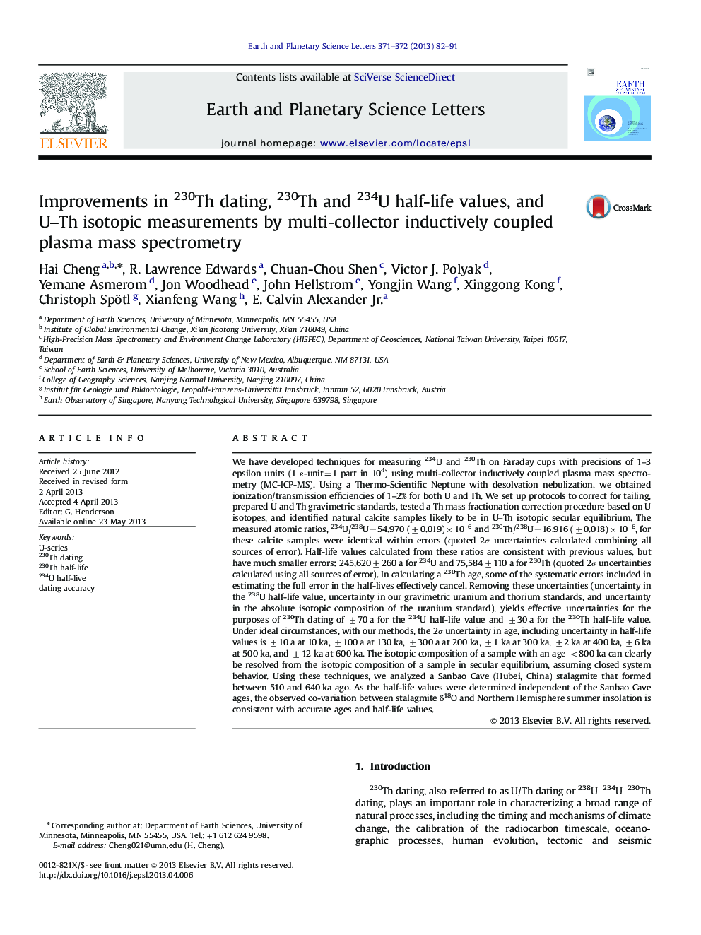 Improvements in 230Th dating, 230Th and 234U half-life values, and U–Th isotopic measurements by multi-collector inductively coupled plasma mass spectrometry